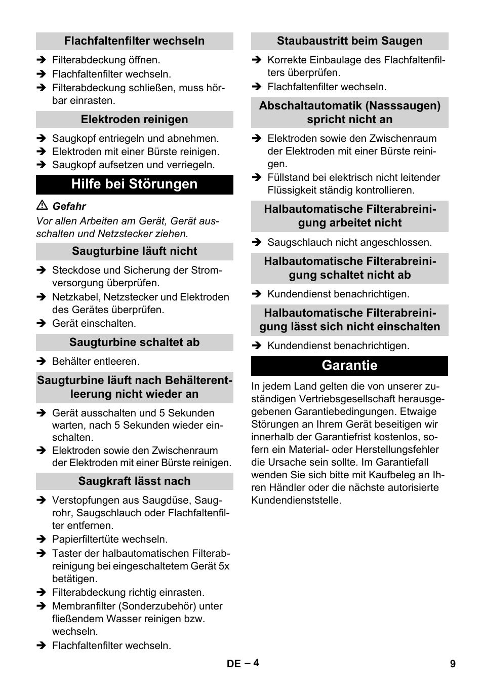 Hilfe bei störungen, Garantie | Karcher Aspirateur eau et poussières NT 65-2 Ap Me User Manual | Page 9 / 176