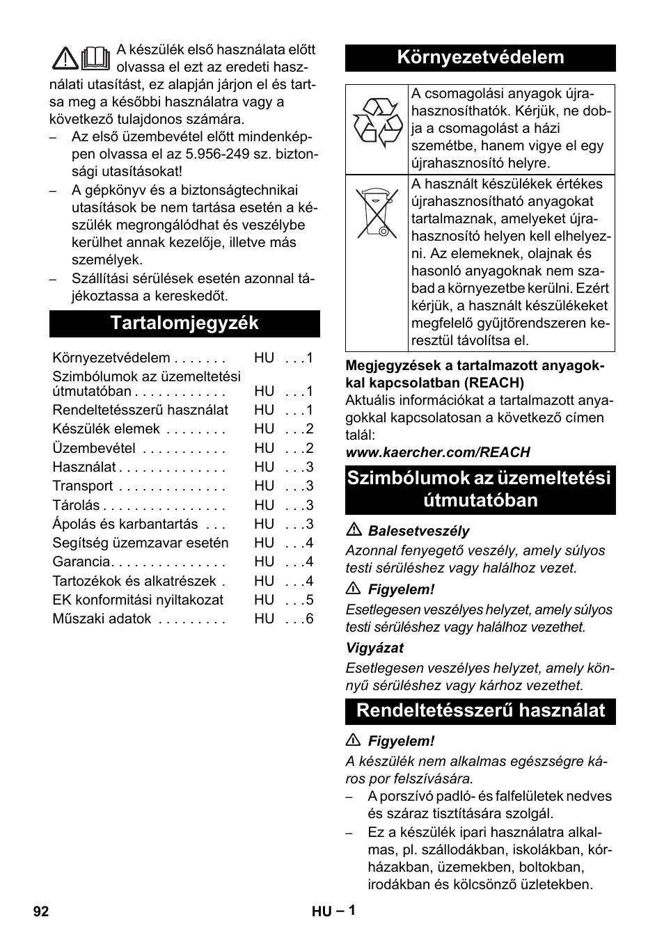 Magyar, Tartalomjegyzék, Környezetvédelem | Karcher Aspirateur eau et poussières NT 65-2 Ap Me User Manual | Page 92 / 176