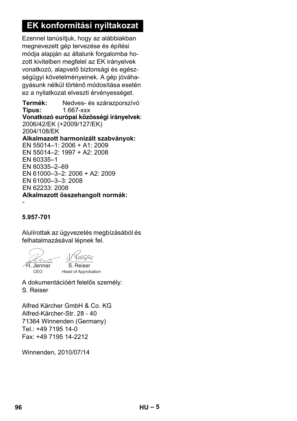 Ek konformitási nyiltakozat | Karcher Aspirateur eau et poussières NT 65-2 Ap Me User Manual | Page 96 / 176