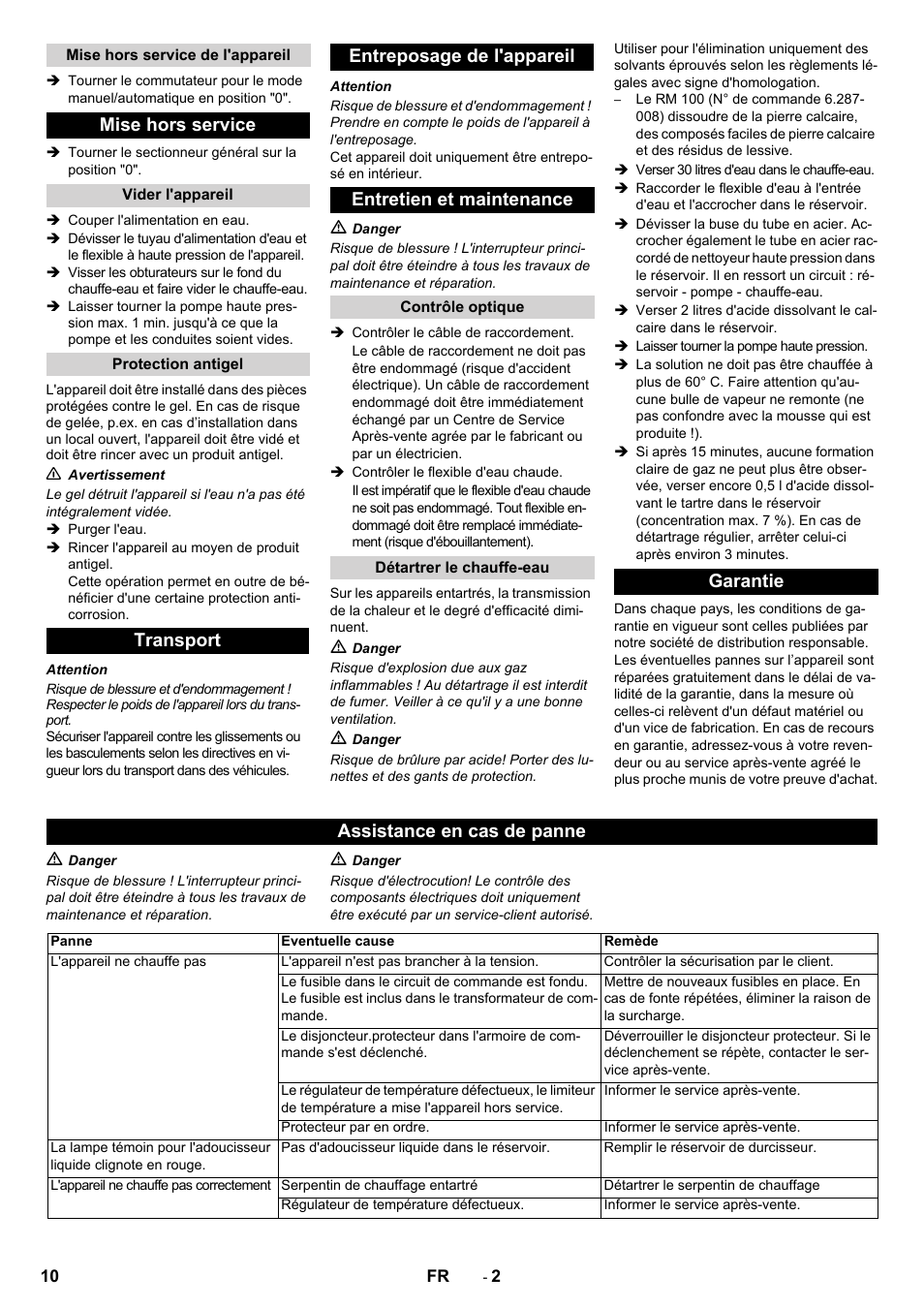 Mise hors service, Garantie assistance en cas de panne | Karcher Générateur d’eau chaude HWE 860 User Manual | Page 10 / 72