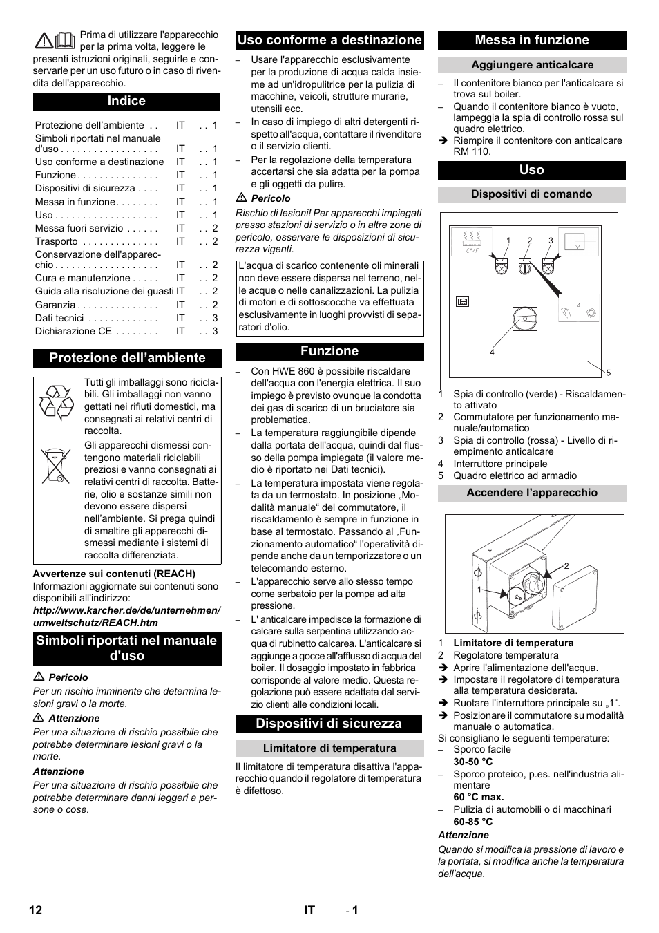 Italiano, Indice, Protezione dell’ambiente | Funzione dispositivi di sicurezza, Messa in funzione | Karcher Générateur d’eau chaude HWE 860 User Manual | Page 12 / 72