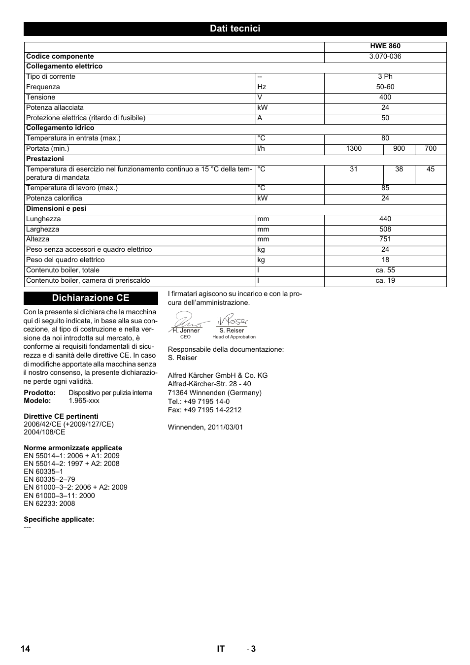 Dati tecnici, Dichiarazione ce | Karcher Générateur d’eau chaude HWE 860 User Manual | Page 14 / 72