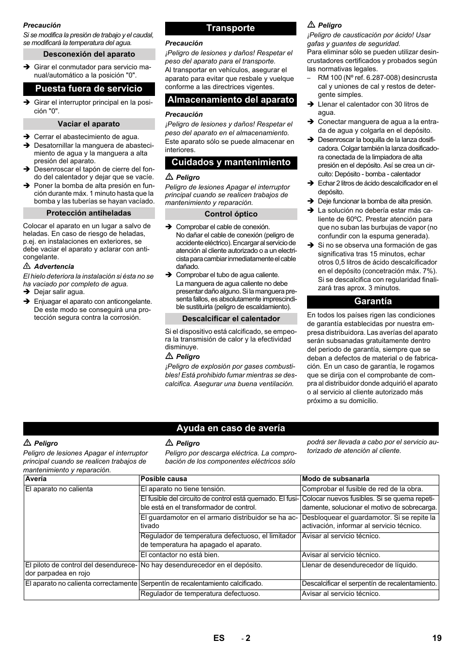 Puesta fuera de servicio, Garantía ayuda en caso de avería | Karcher Générateur d’eau chaude HWE 860 User Manual | Page 19 / 72