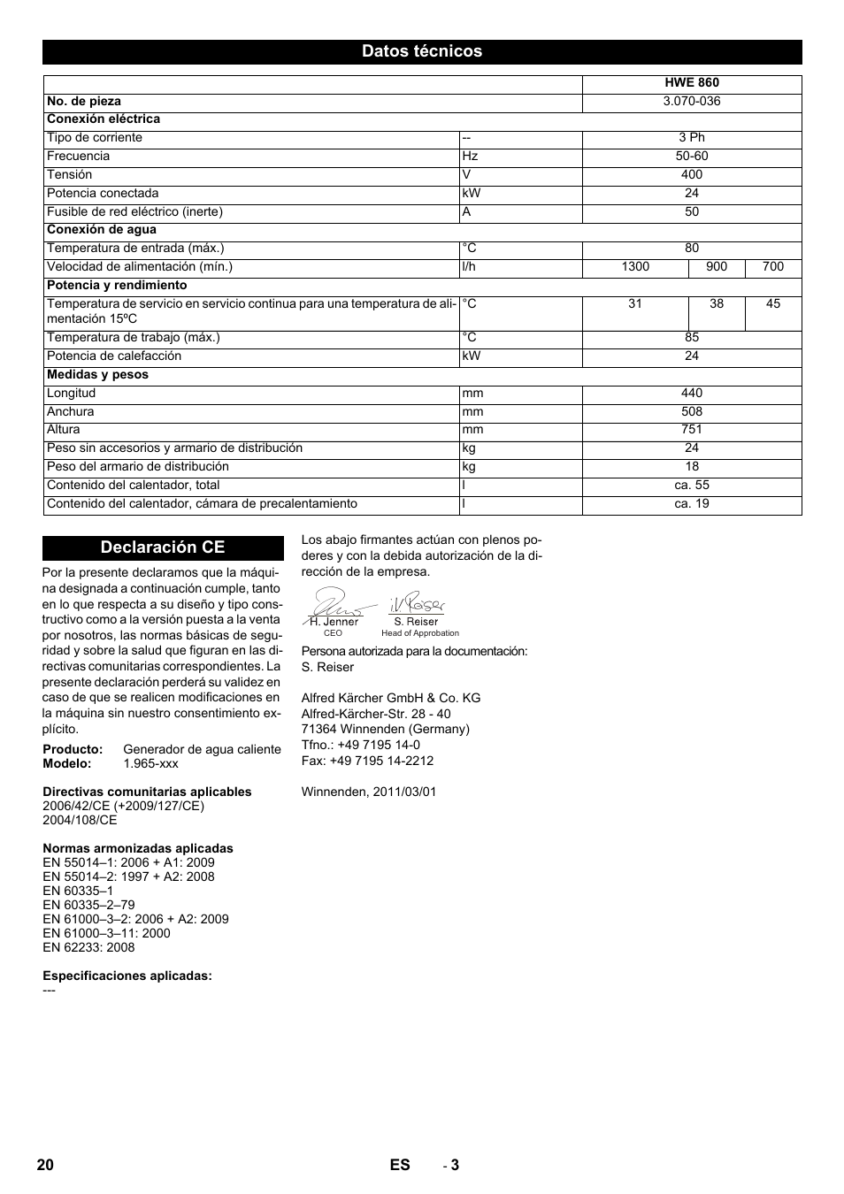 Datos técnicos, Declaración ce | Karcher Générateur d’eau chaude HWE 860 User Manual | Page 20 / 72