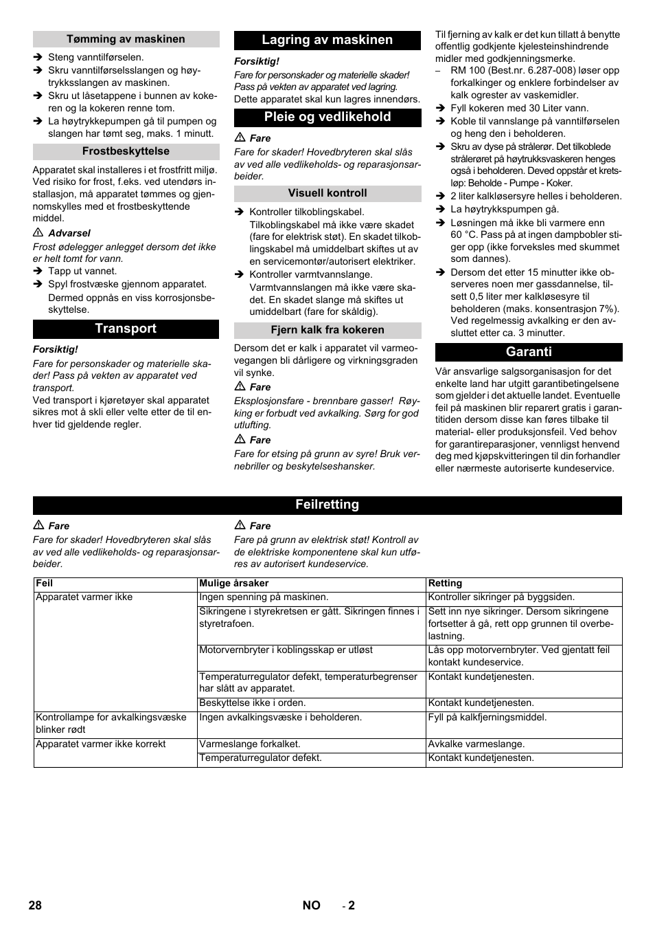 Transport lagring av maskinen pleie og vedlikehold, Garanti feilretting | Karcher Générateur d’eau chaude HWE 860 User Manual | Page 28 / 72