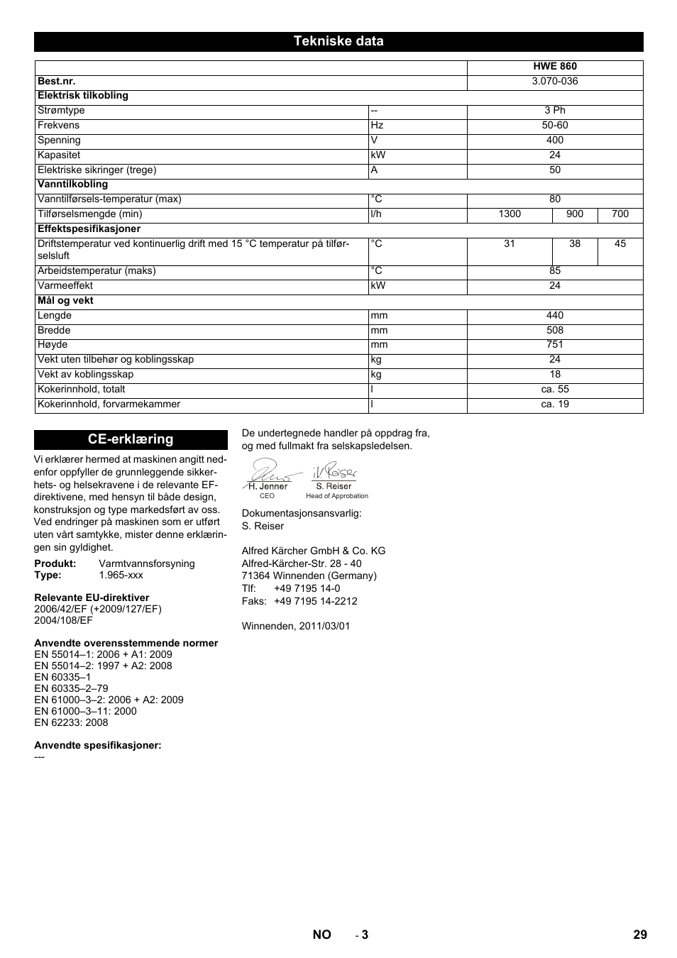 Tekniske data, Ce-erklæring | Karcher Générateur d’eau chaude HWE 860 User Manual | Page 29 / 72