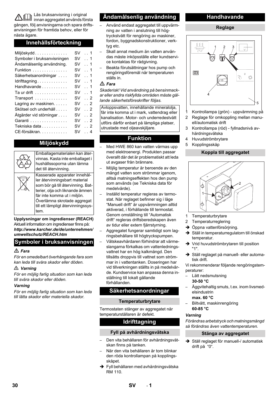 Svenska, Innehållsförteckning, Miljöskydd | Funktion säkerhetsanordningar, Idrifttagning, Handhavande | Karcher Générateur d’eau chaude HWE 860 User Manual | Page 30 / 72