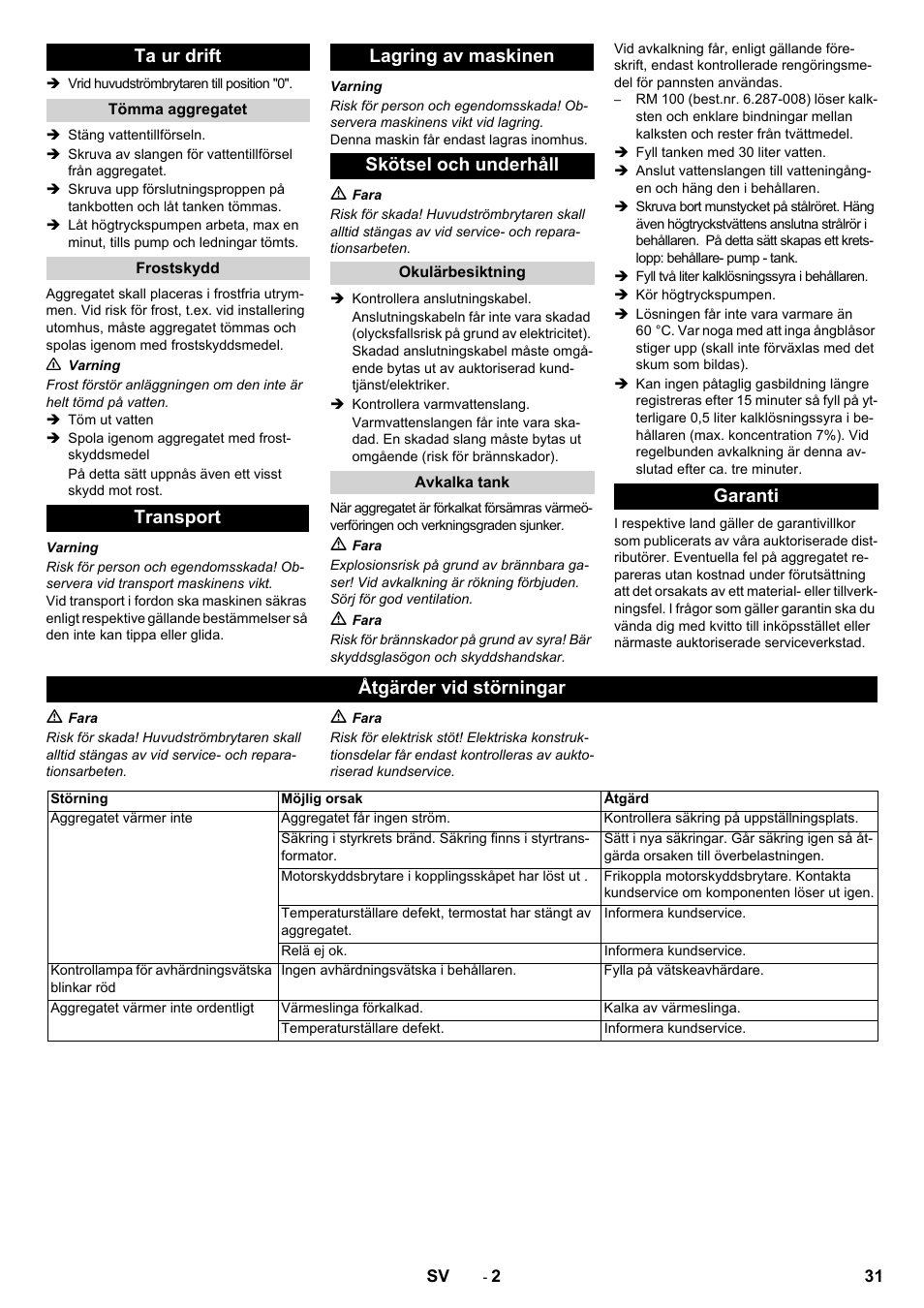 Ta ur drift, Garanti åtgärder vid störningar | Karcher Générateur d’eau chaude HWE 860 User Manual | Page 31 / 72