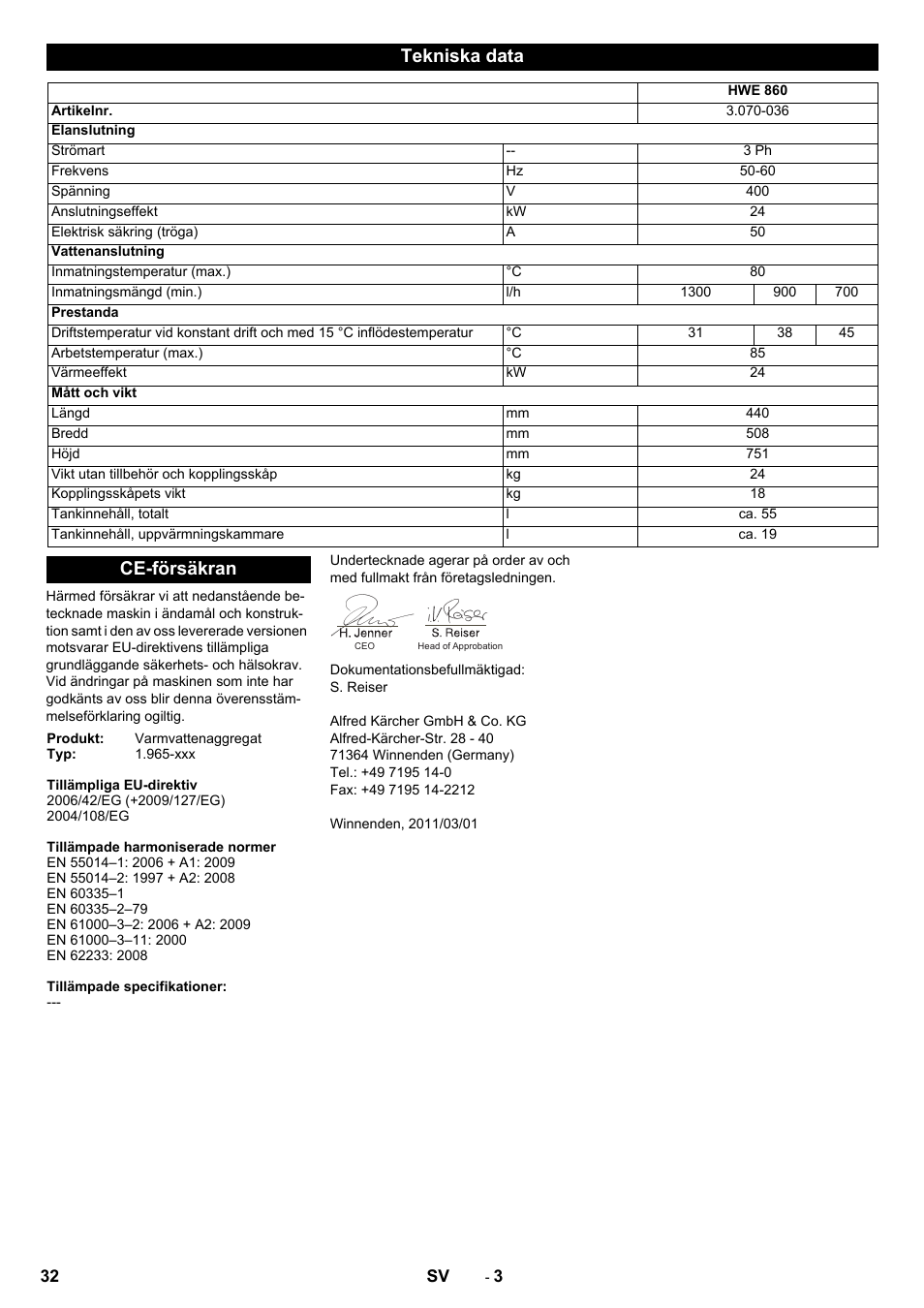 Tekniska data, Ce-försäkran | Karcher Générateur d’eau chaude HWE 860 User Manual | Page 32 / 72