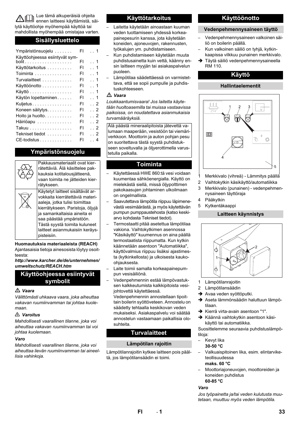 Suomi, Sisällysluettelo, Ympäristönsuojelu | Käyttöohjeessa esiintyvät symbolit käyttötarkoitus, Toiminta turvalaitteet, Käyttöönotto, Käyttö | Karcher Générateur d’eau chaude HWE 860 User Manual | Page 33 / 72