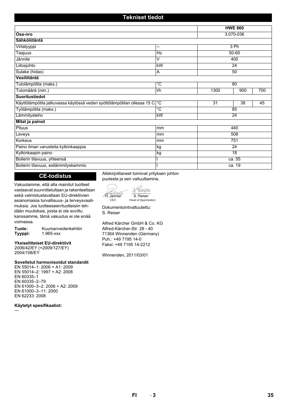 Tekniset tiedot, Ce-todistus | Karcher Générateur d’eau chaude HWE 860 User Manual | Page 35 / 72