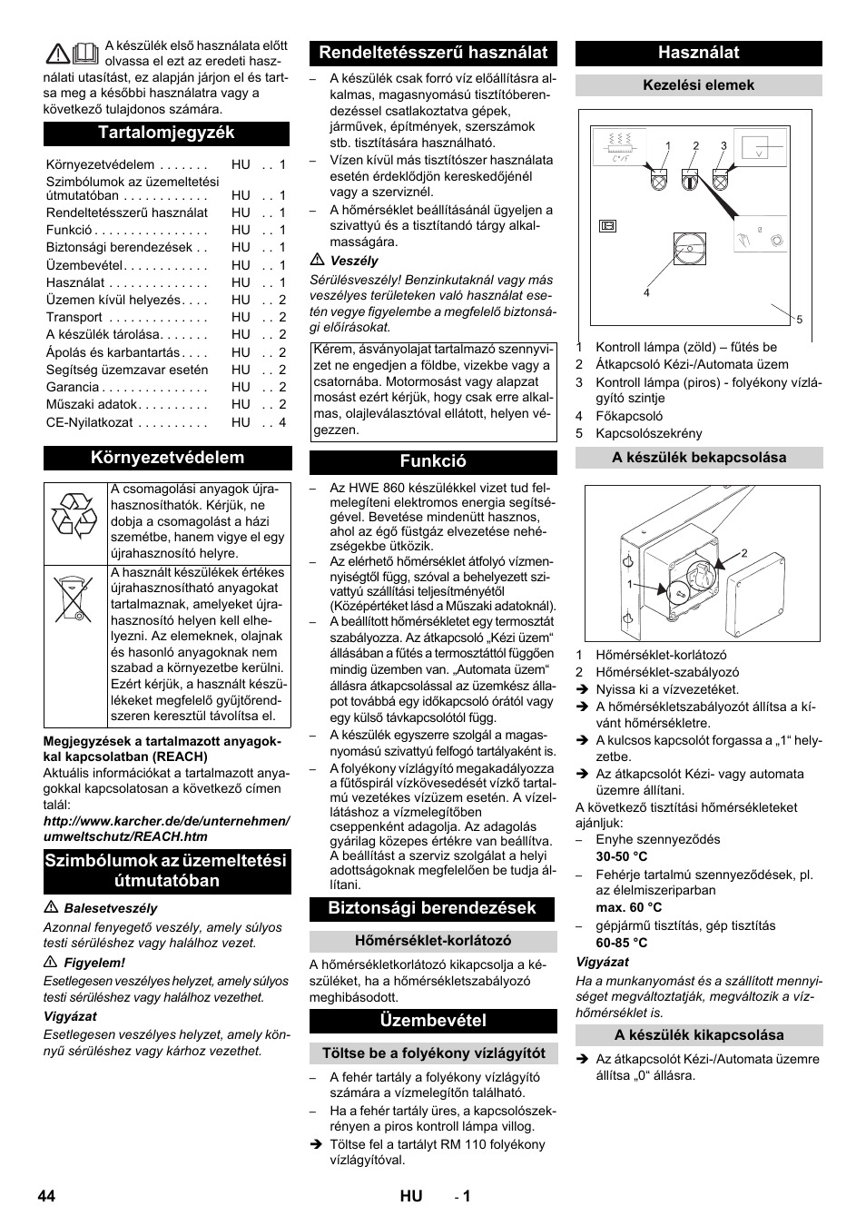 Magyar, Tartalomjegyzék, Környezetvédelem | Funkció biztonsági berendezések, Üzembevétel, Használat | Karcher Générateur d’eau chaude HWE 860 User Manual | Page 44 / 72