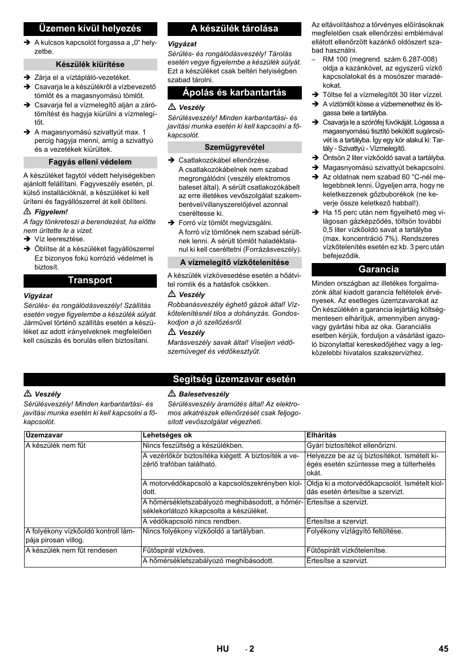 Üzemen kívül helyezés, Garancia segítség üzemzavar esetén | Karcher Générateur d’eau chaude HWE 860 User Manual | Page 45 / 72