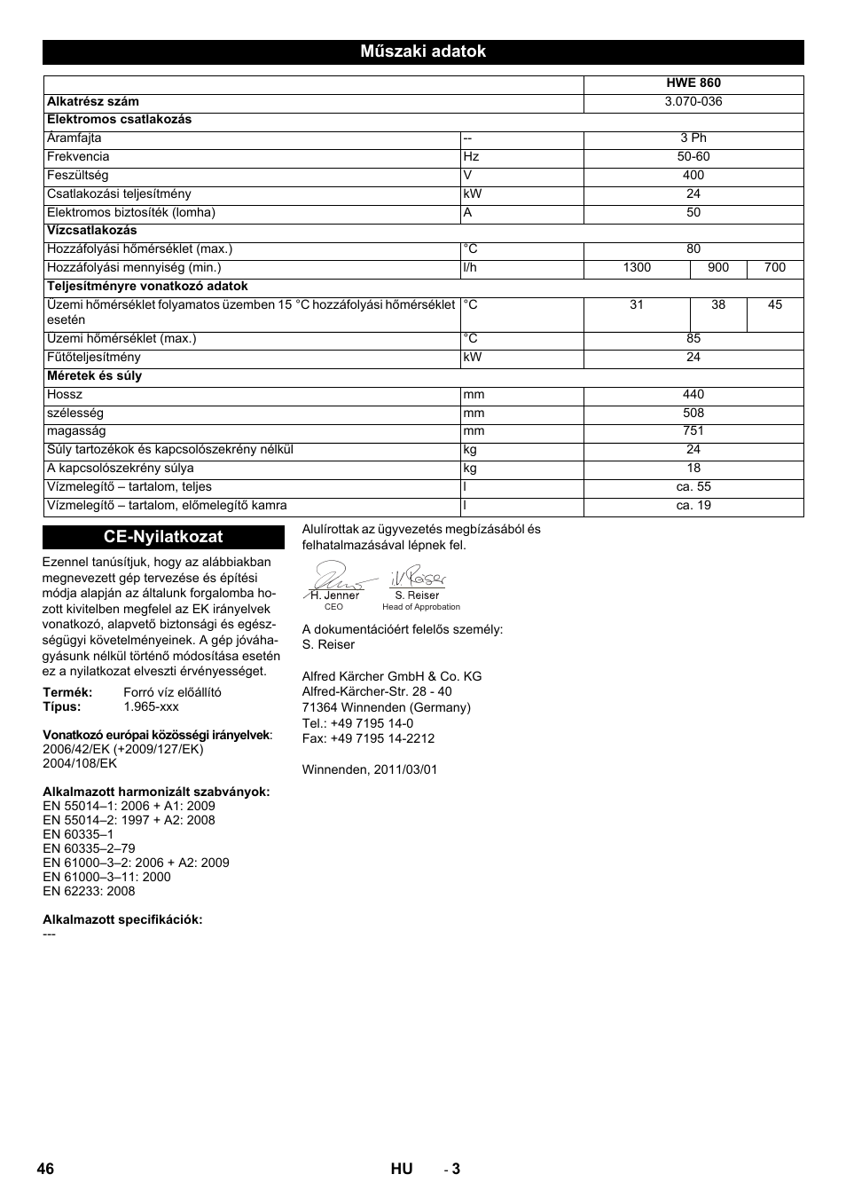 Műszaki adatok, Ce-nyilatkozat | Karcher Générateur d’eau chaude HWE 860 User Manual | Page 46 / 72