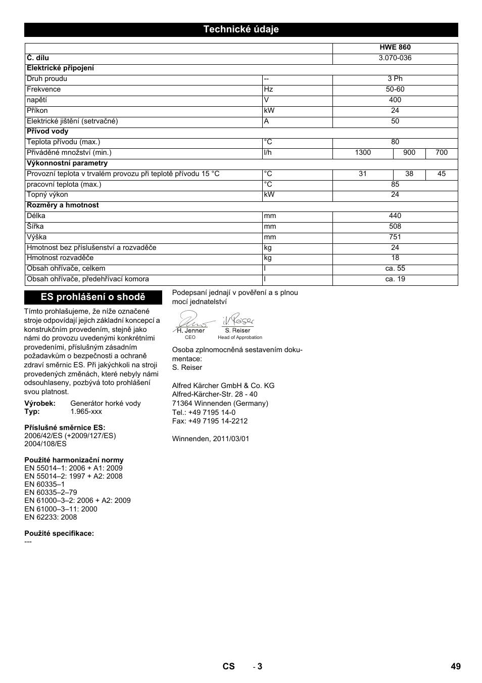 Technické údaje, Es prohlášení o shodě | Karcher Générateur d’eau chaude HWE 860 User Manual | Page 49 / 72