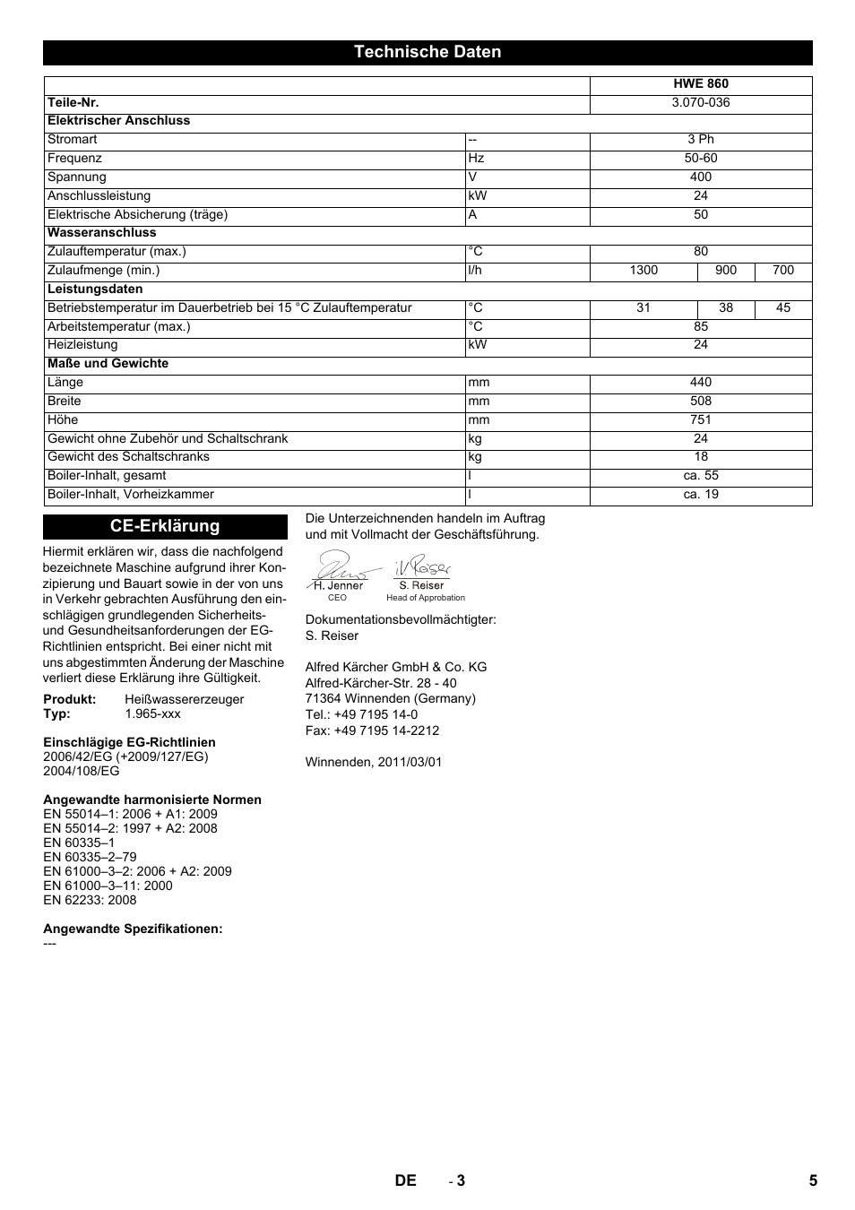 Technische daten, Ce-erklärung | Karcher Générateur d’eau chaude HWE 860 User Manual | Page 5 / 72