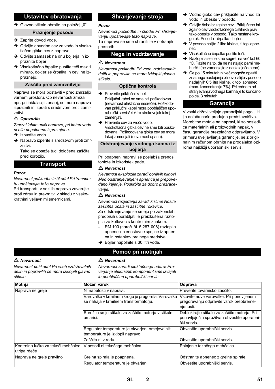 Ustavitev obratovanja, Transport shranjevanje stroja nega in vzdrževanje, Garancija pomoč pri motnjah | Karcher Générateur d’eau chaude HWE 860 User Manual | Page 51 / 72