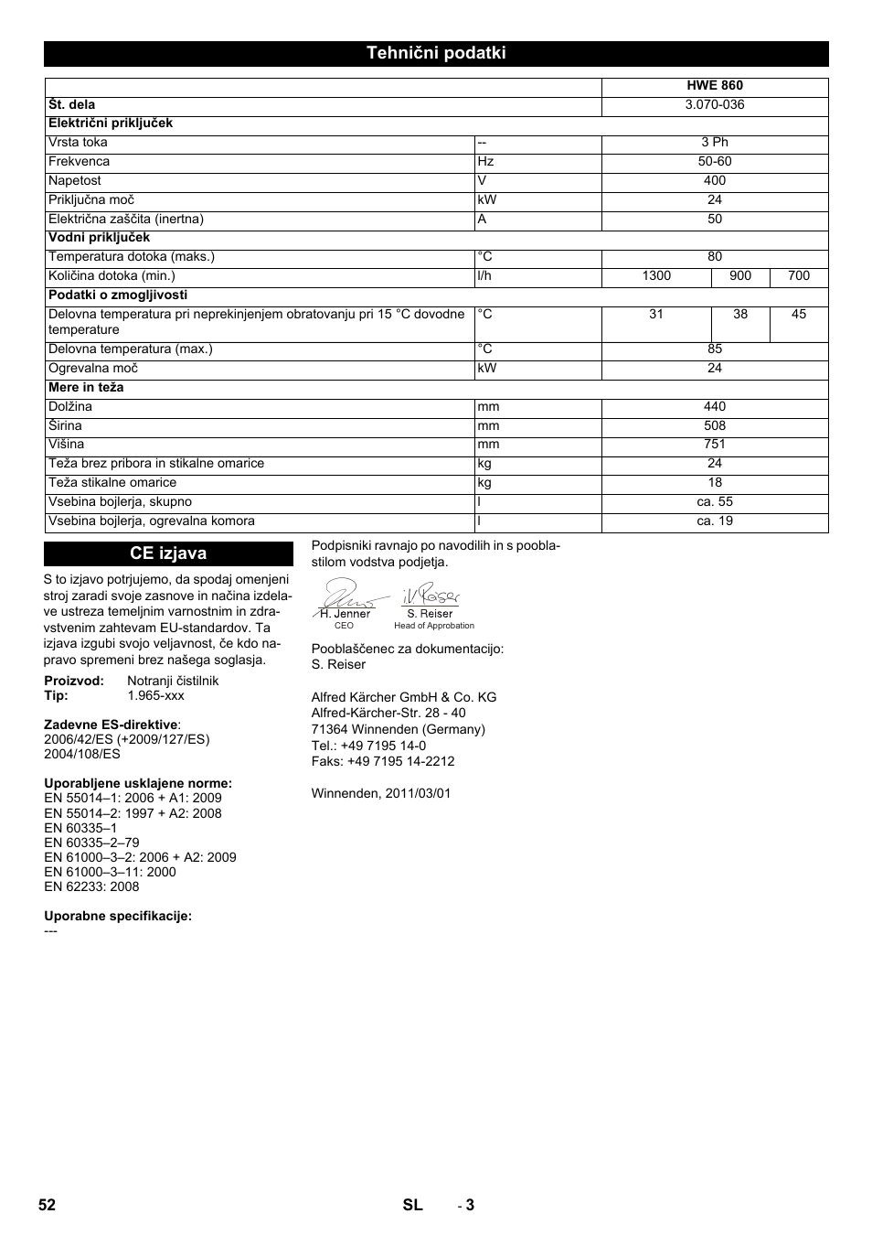 Tehnični podatki, Ce izjava | Karcher Générateur d’eau chaude HWE 860 User Manual | Page 52 / 72