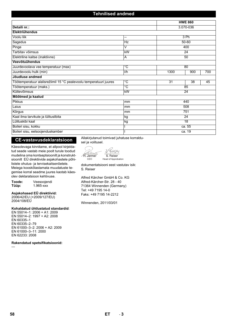 Tehnilised andmed, Ce-vastavusdeklaratsioon | Karcher Générateur d’eau chaude HWE 860 User Manual | Page 58 / 72