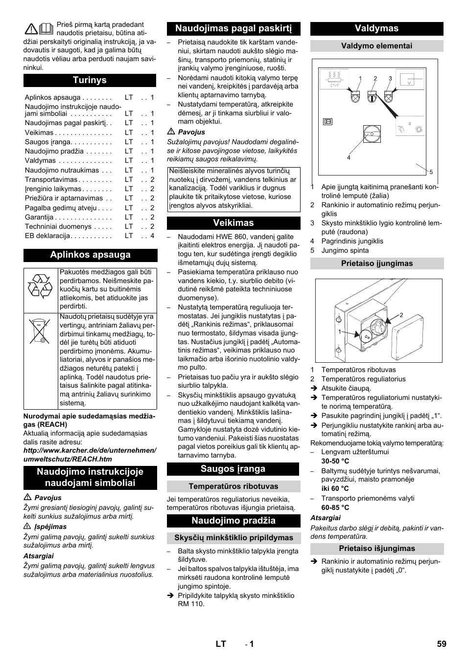 Lietuviškai, Turinys, Aplinkos apsauga | Veikimas saugos įranga, Naudojimo pradžia, Valdymas | Karcher Générateur d’eau chaude HWE 860 User Manual | Page 59 / 72