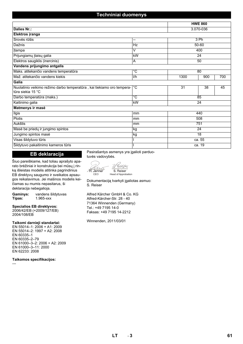 Techniniai duomenys, Eb deklaracija | Karcher Générateur d’eau chaude HWE 860 User Manual | Page 61 / 72