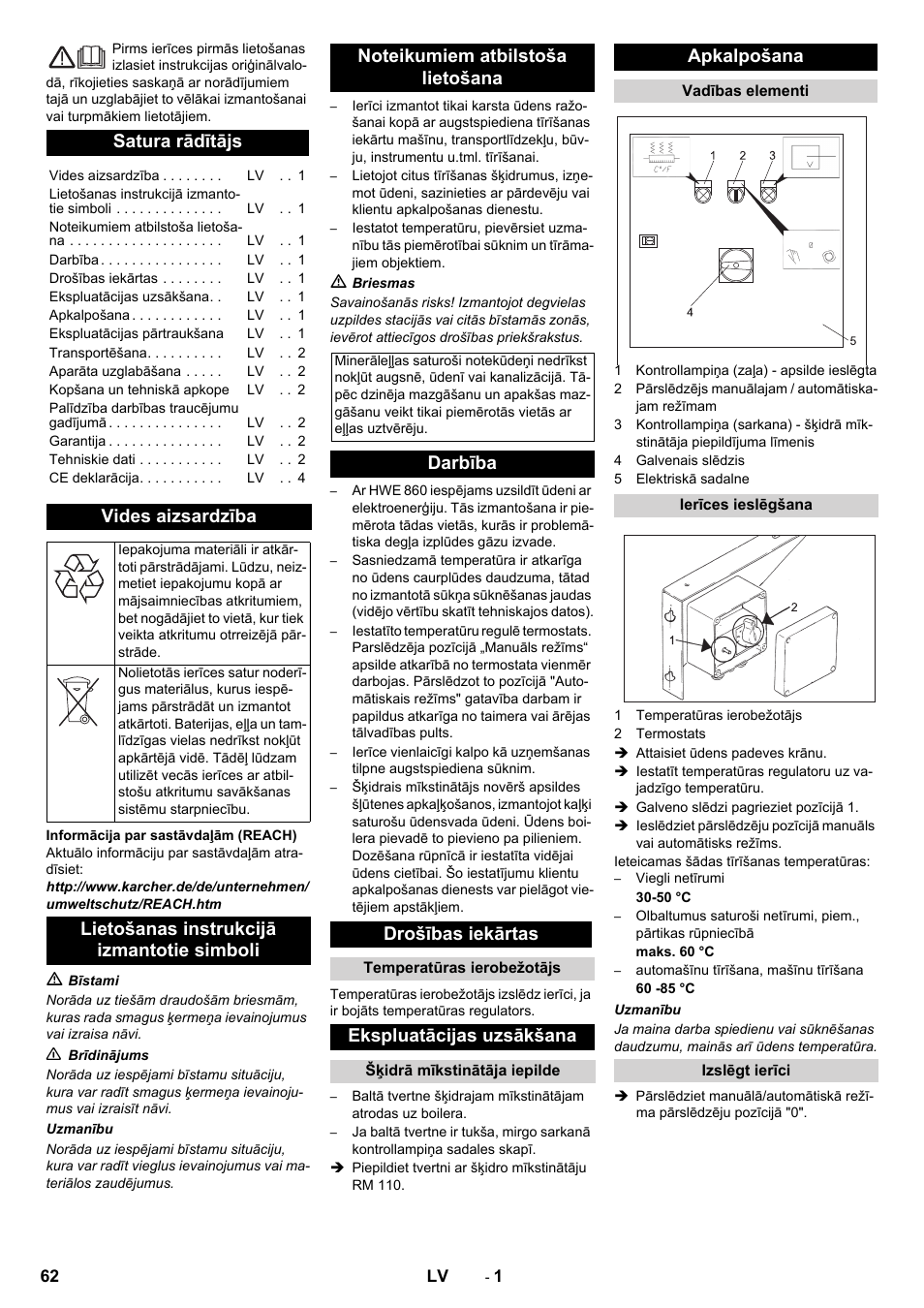 Latviešu, Satura rādītājs, Vides aizsardzība | Darbība drošības iekārtas, Ekspluatācijas uzsākšana, Apkalpošana | Karcher Générateur d’eau chaude HWE 860 User Manual | Page 62 / 72