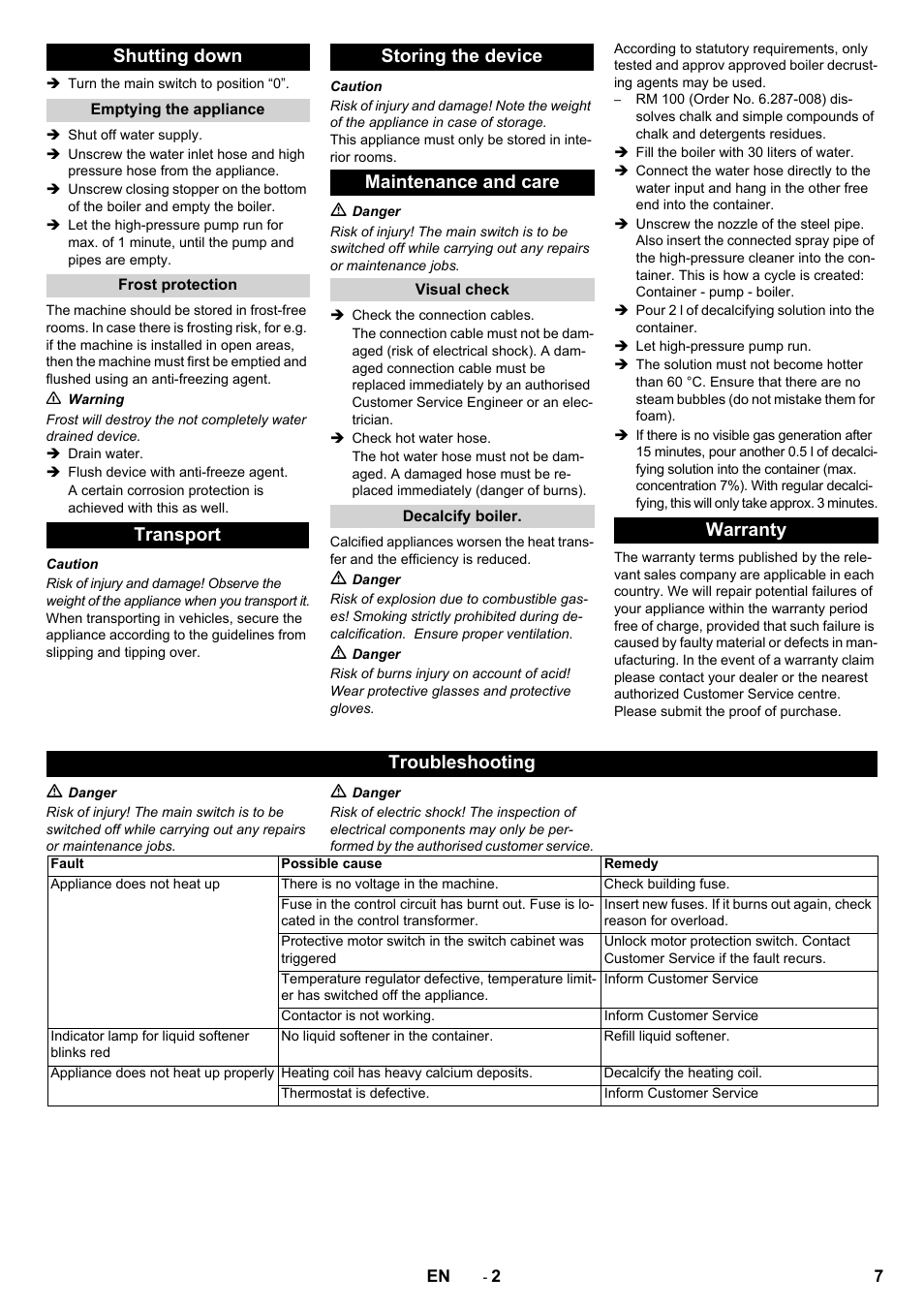 Shutting down, Transport storing the device maintenance and care, Warranty troubleshooting | Karcher Générateur d’eau chaude HWE 860 User Manual | Page 7 / 72