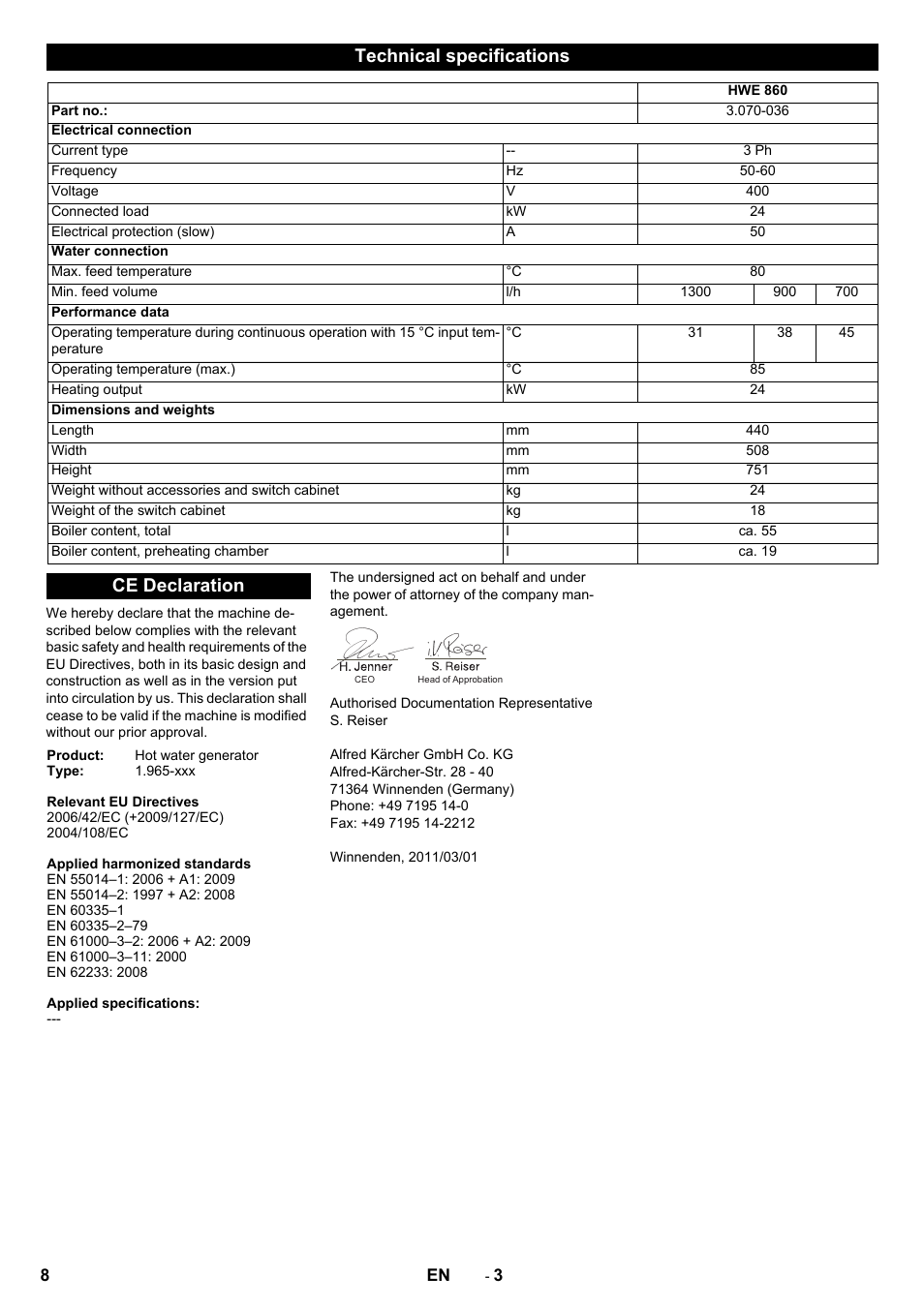 Technical specifications, Ce declaration | Karcher Générateur d’eau chaude HWE 860 User Manual | Page 8 / 72