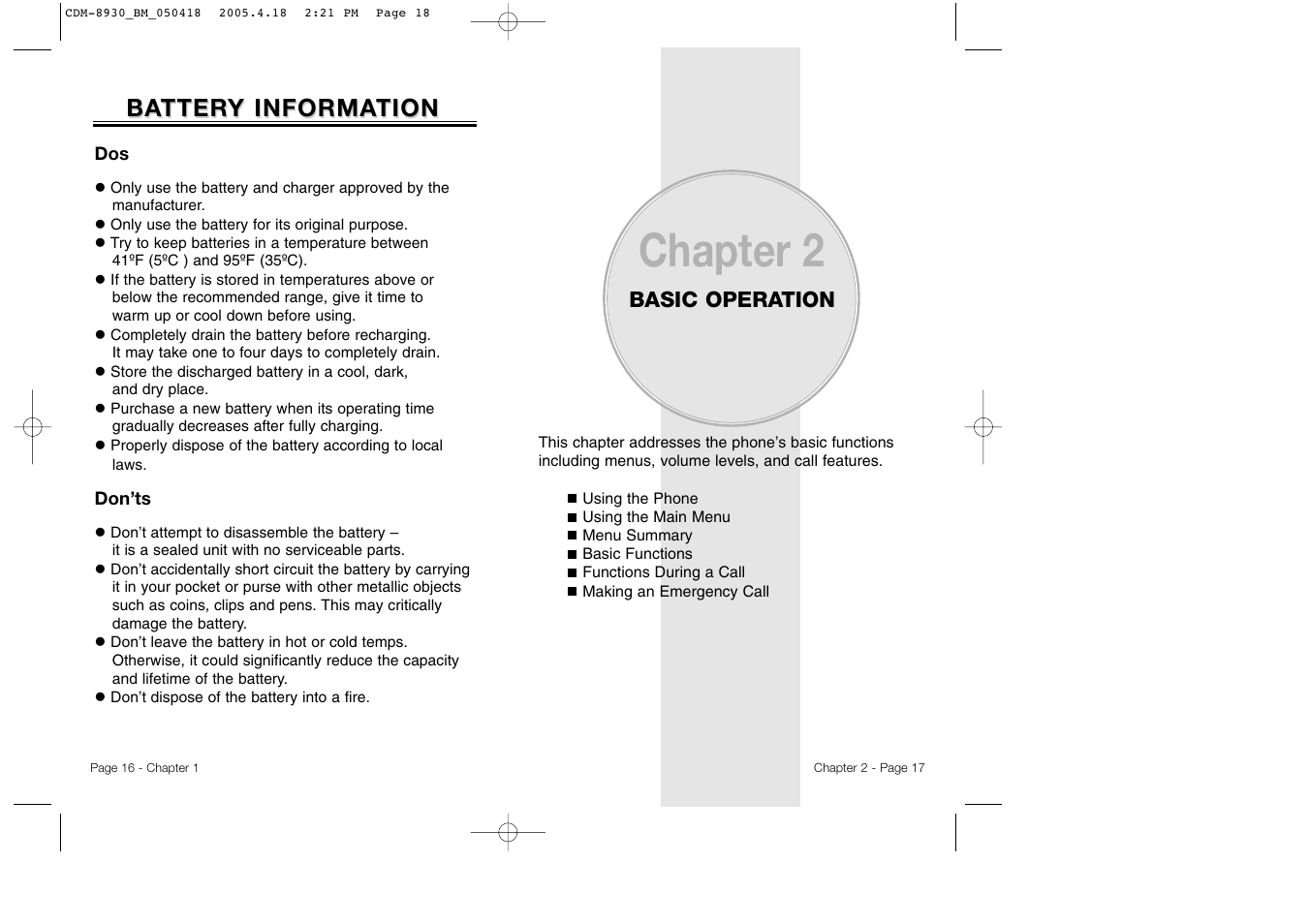 Chapter 2, Ba tter tter y informa y informa tion tion | Audiovox CDM-8930 User Manual | Page 11 / 85