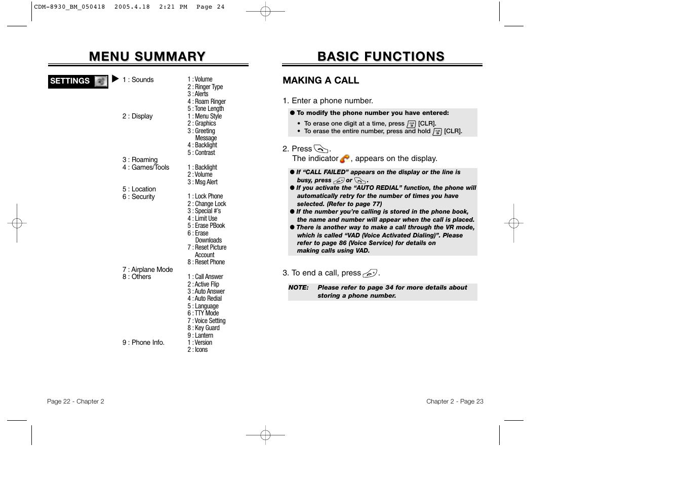 Basic functions, Menu summar, Menu summar y y | Audiovox CDM-8930 User Manual | Page 14 / 85