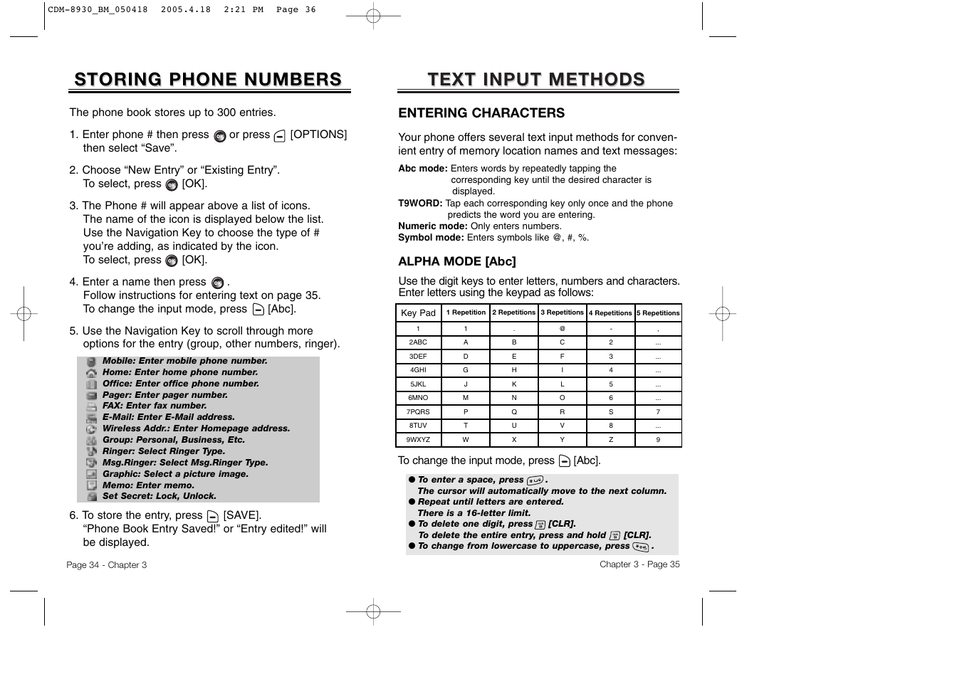 Text input methods, Storing phone numbers, Entering characters | Alpha mode [abc | Audiovox CDM-8930 User Manual | Page 20 / 85