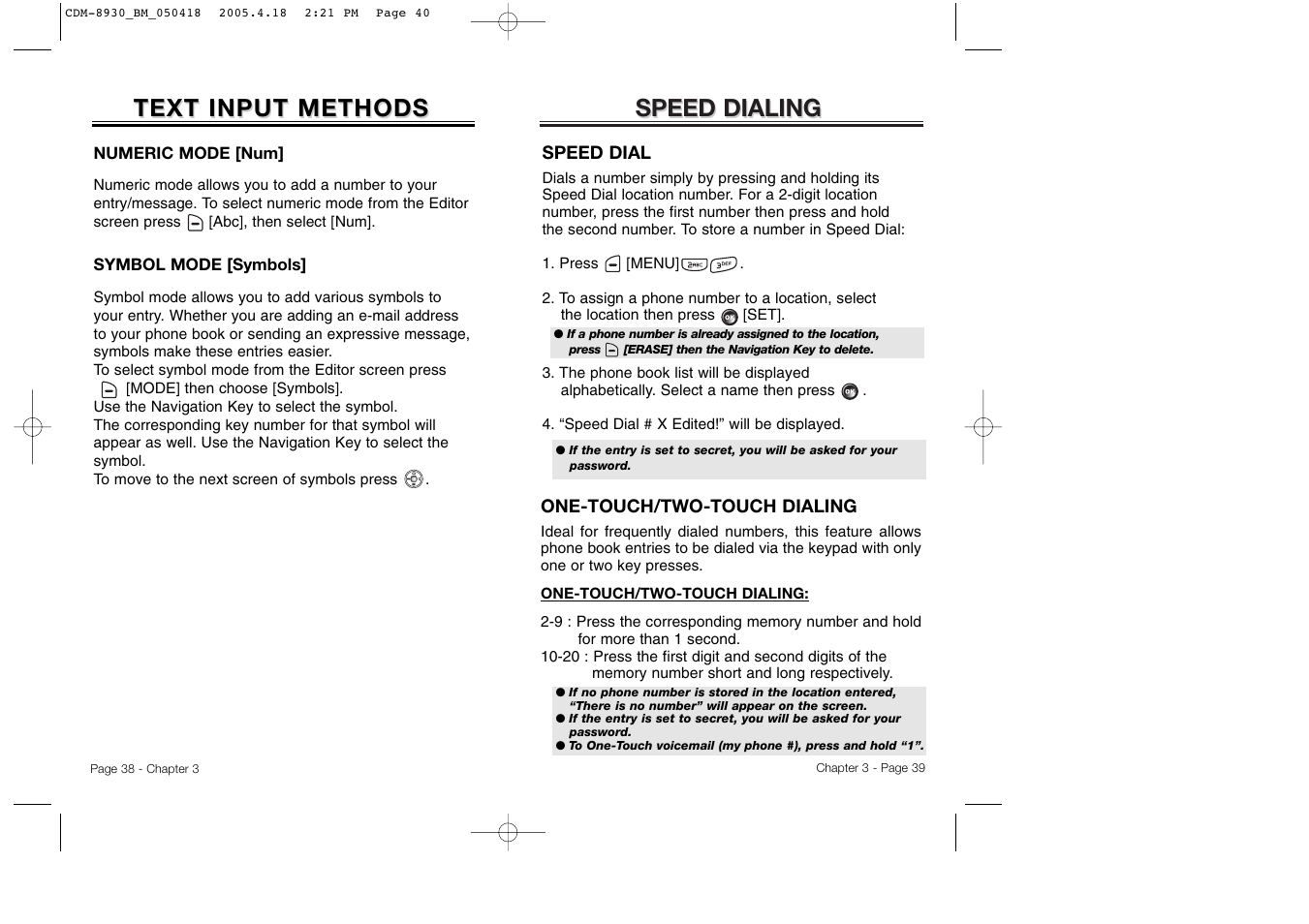 Speed dialing, Text input methods | Audiovox CDM-8930 User Manual | Page 22 / 85