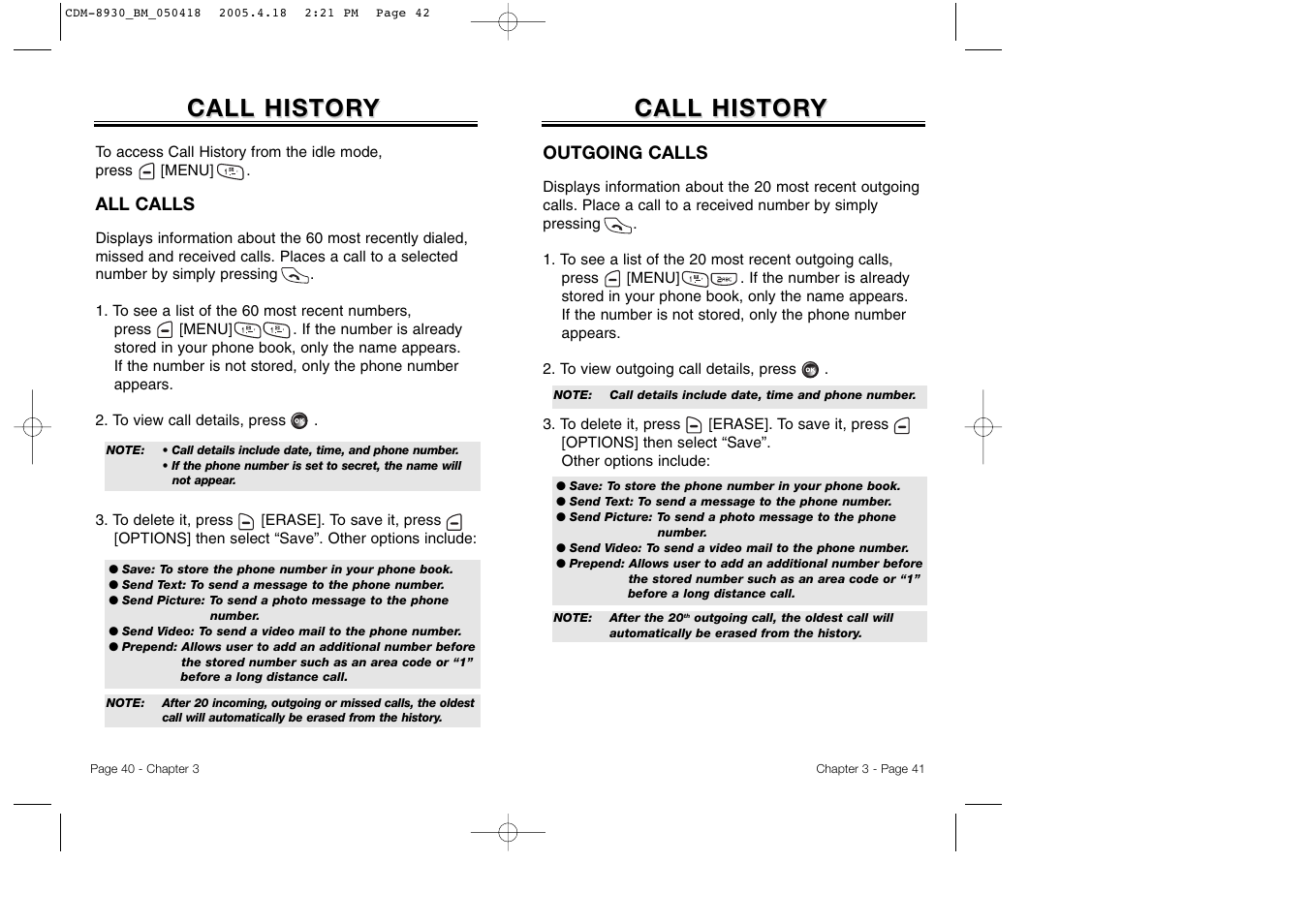 Call histor, Call histor y y call histor call histor y y | Audiovox CDM-8930 User Manual | Page 23 / 85