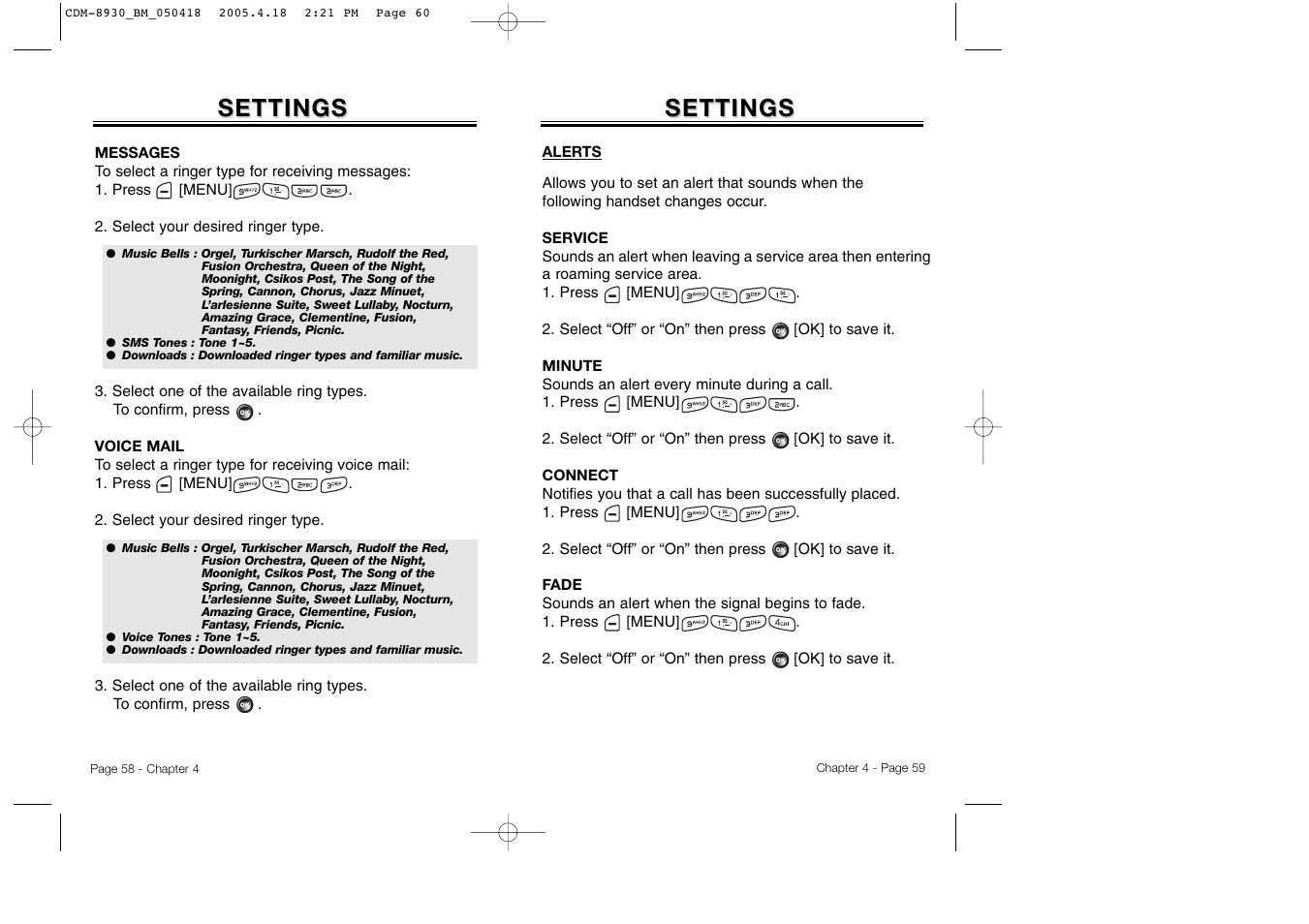 Settings | Audiovox CDM-8930 User Manual | Page 32 / 85