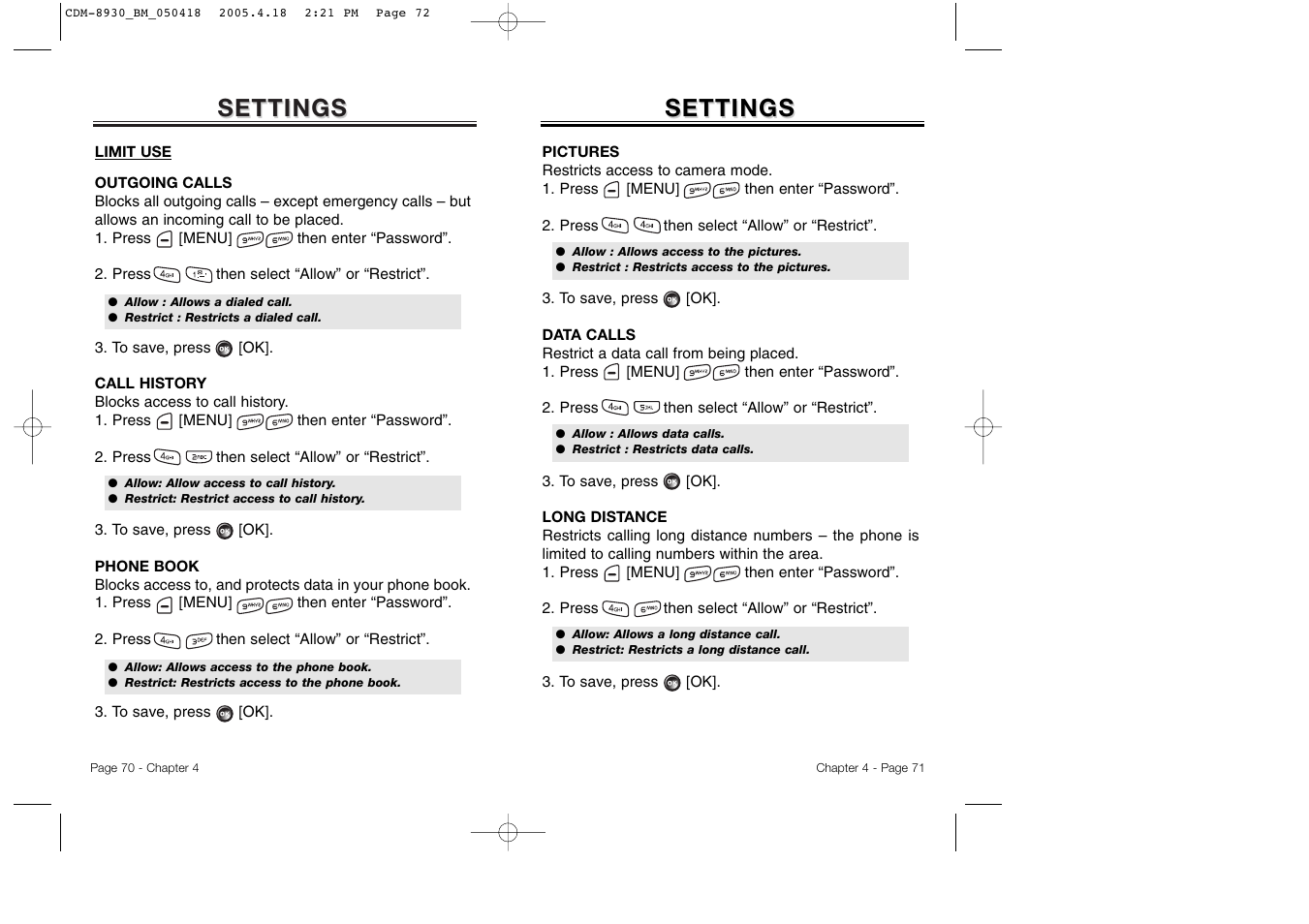 Settings | Audiovox CDM-8930 User Manual | Page 38 / 85