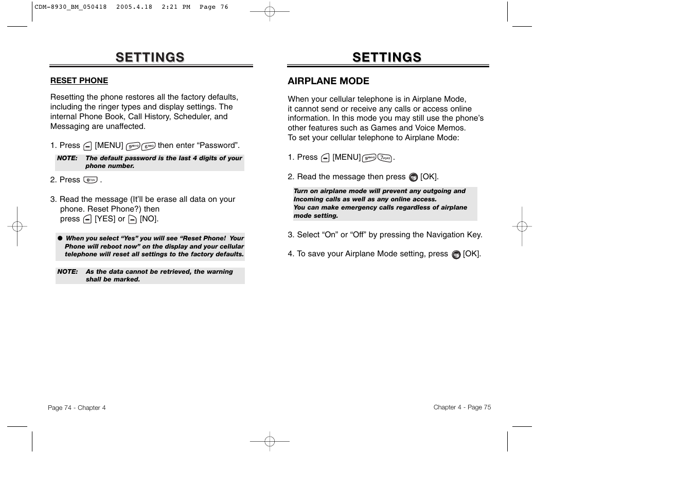 Settings | Audiovox CDM-8930 User Manual | Page 40 / 85
