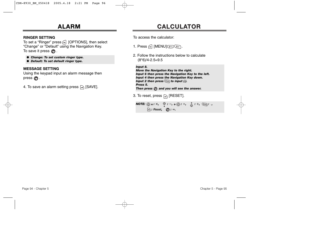 Calcula, Calcula tor tor, Alarm | Audiovox CDM-8930 User Manual | Page 50 / 85