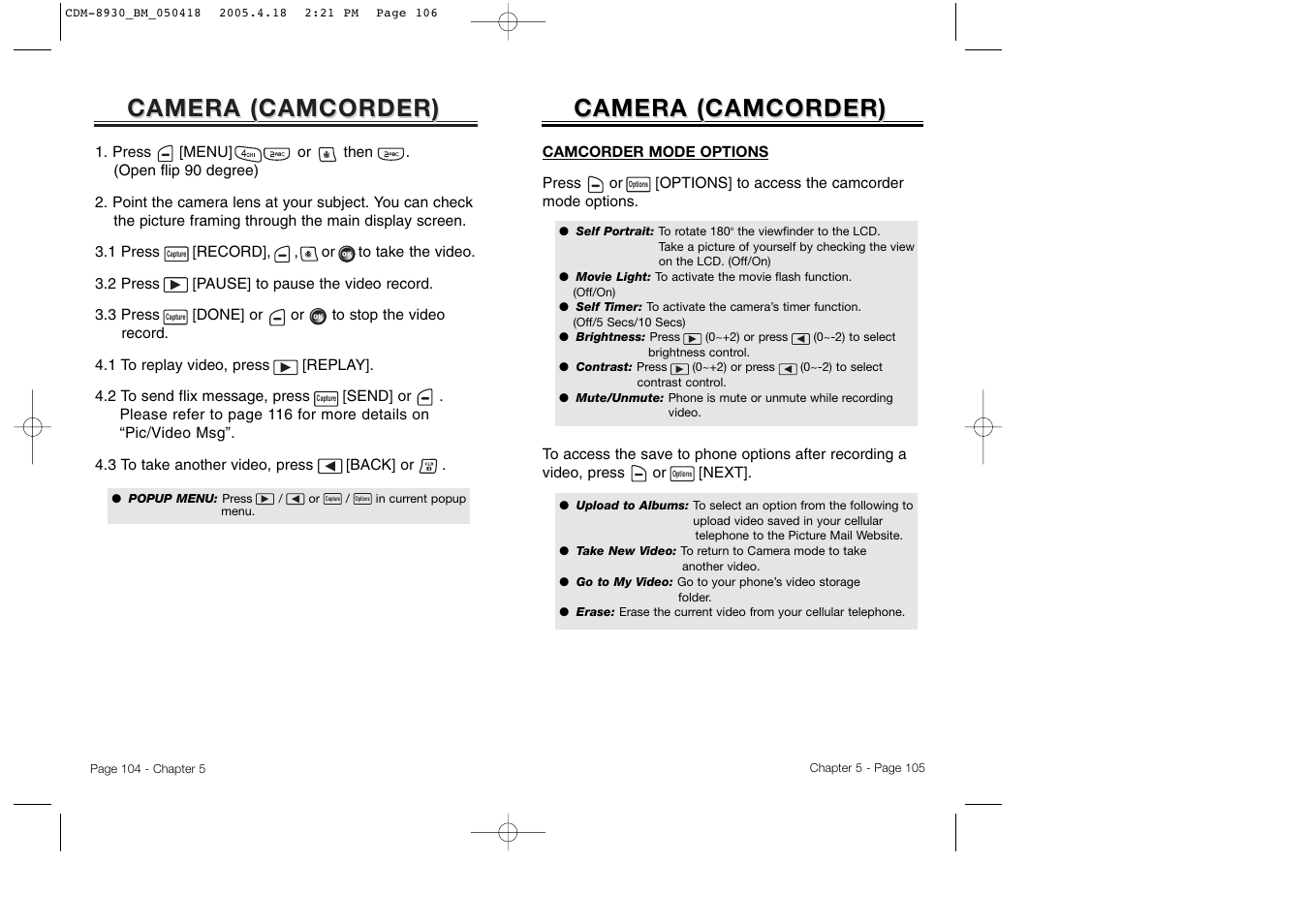 Camera, Camera ( camcorder) camcorder) | Audiovox CDM-8930 User Manual | Page 55 / 85