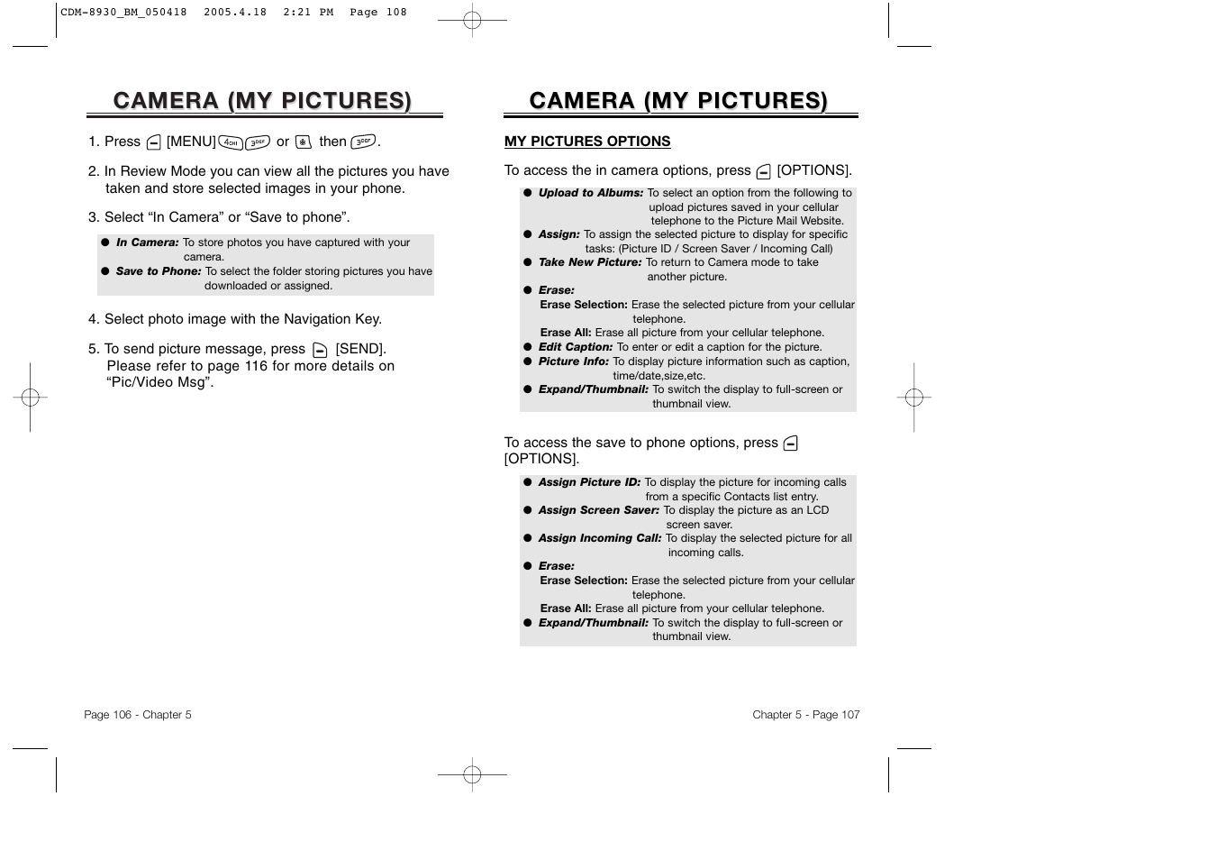 Camera, Camera ( my pictures) my pictures) | Audiovox CDM-8930 User Manual | Page 56 / 85