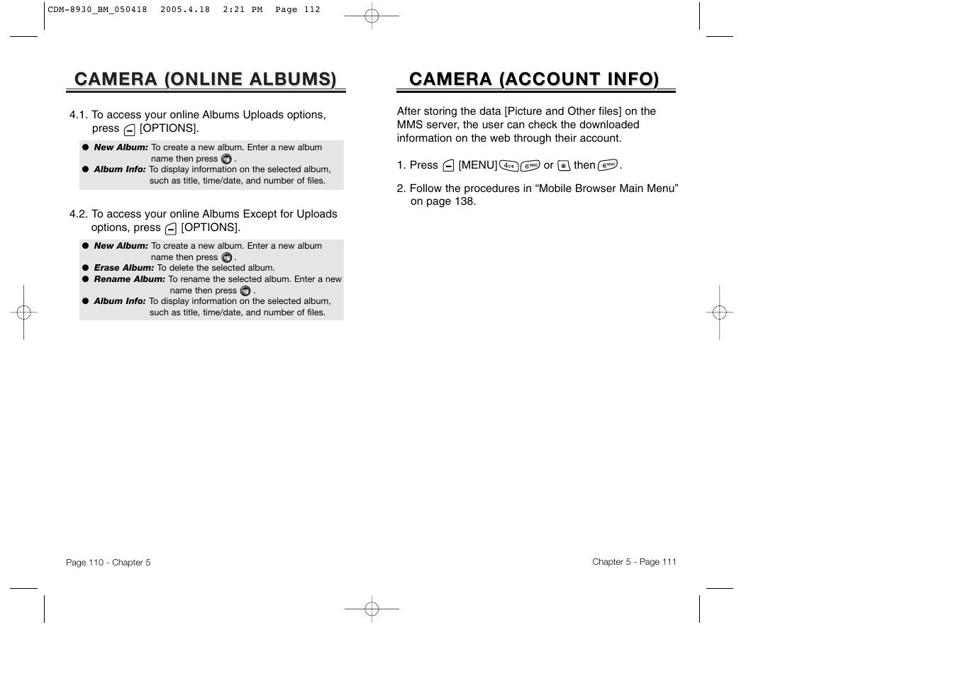 Camera, Camera ( online albums) online albums), Camera ( account info) account info) | Audiovox CDM-8930 User Manual | Page 58 / 85