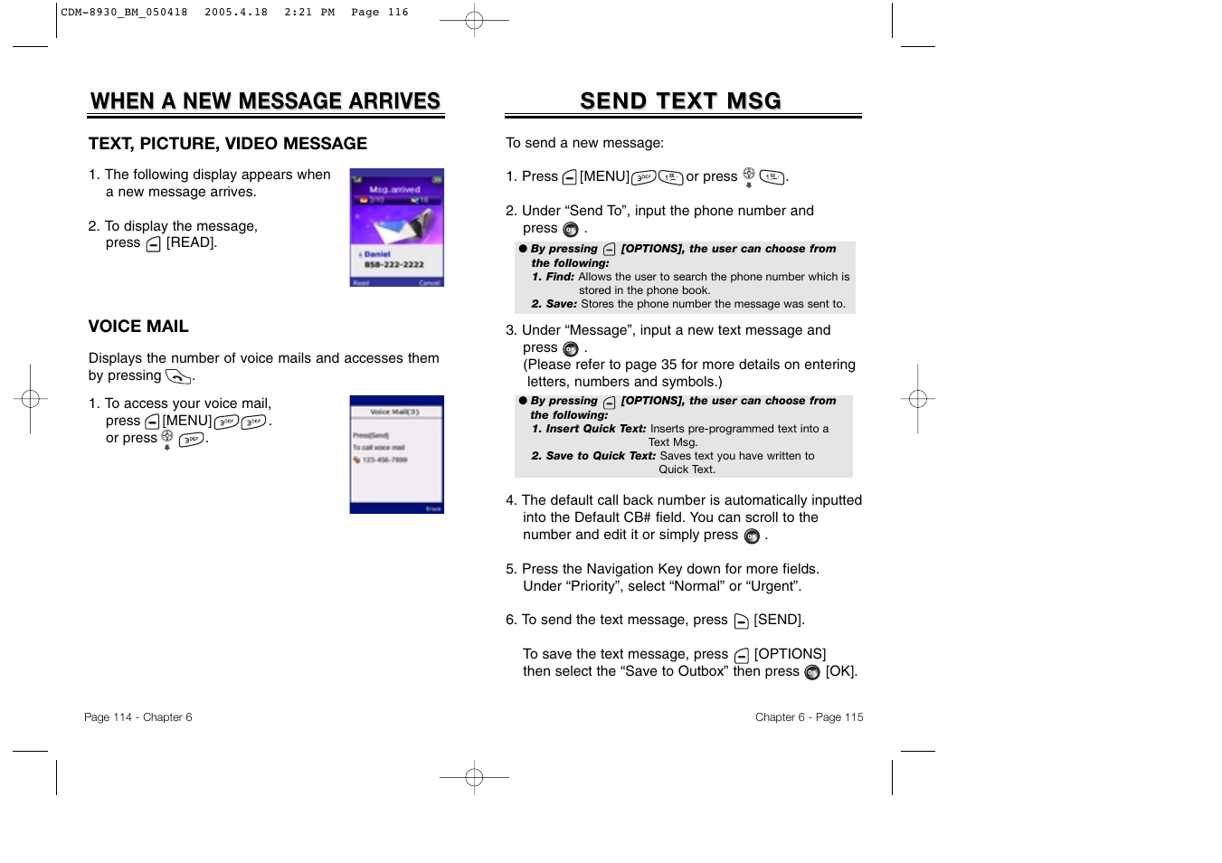 Send text msg, When a new message arrives | Audiovox CDM-8930 User Manual | Page 60 / 85