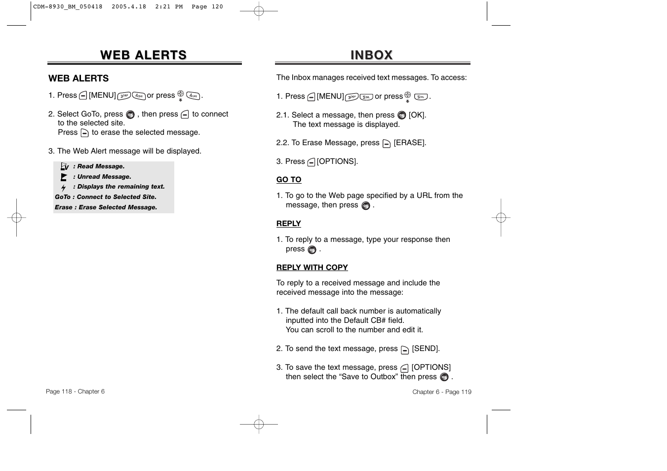 Inbox, Web aler, Web aler ts ts | Audiovox CDM-8930 User Manual | Page 62 / 85