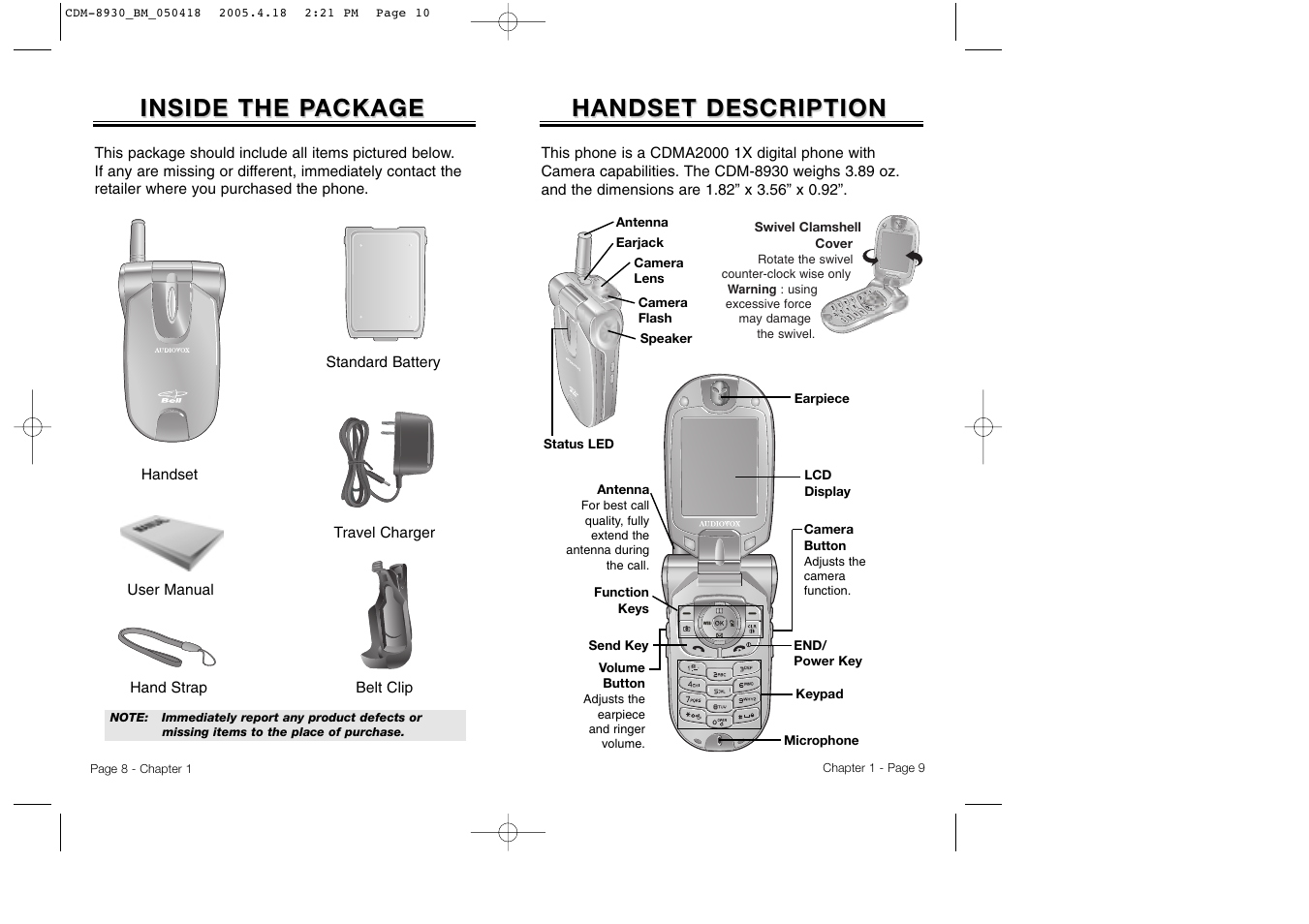 Handset description, Inside the p, Inside the p ackage ackage | Audiovox CDM-8930 User Manual | Page 7 / 85