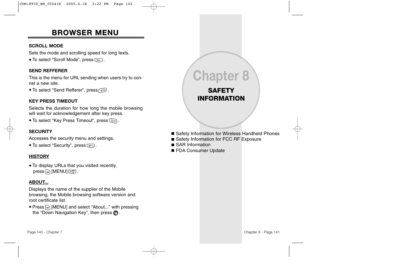 Chapter 8, Browser menu, Safety information | Audiovox CDM-8930 User Manual | Page 73 / 85