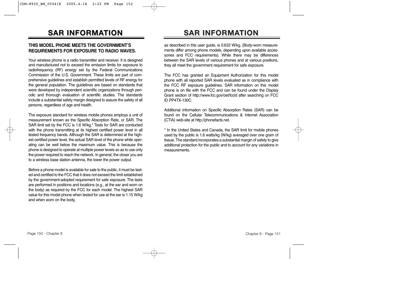 Sar informa informa tion tion | Audiovox CDM-8930 User Manual | Page 78 / 85