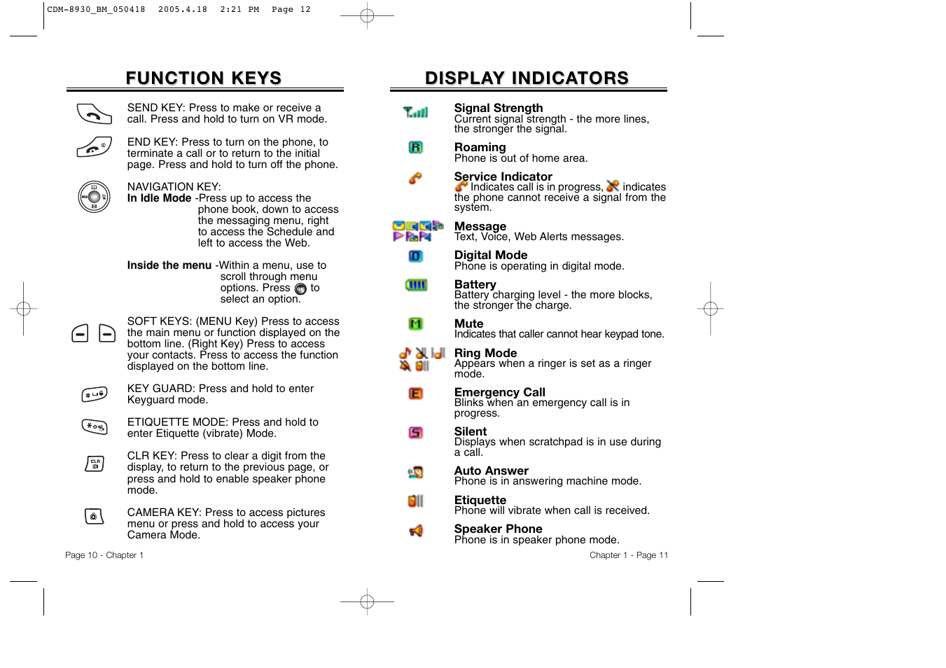 Displa, Displa y indica y indica tors tors, Function keys | Audiovox CDM-8930 User Manual | Page 8 / 85