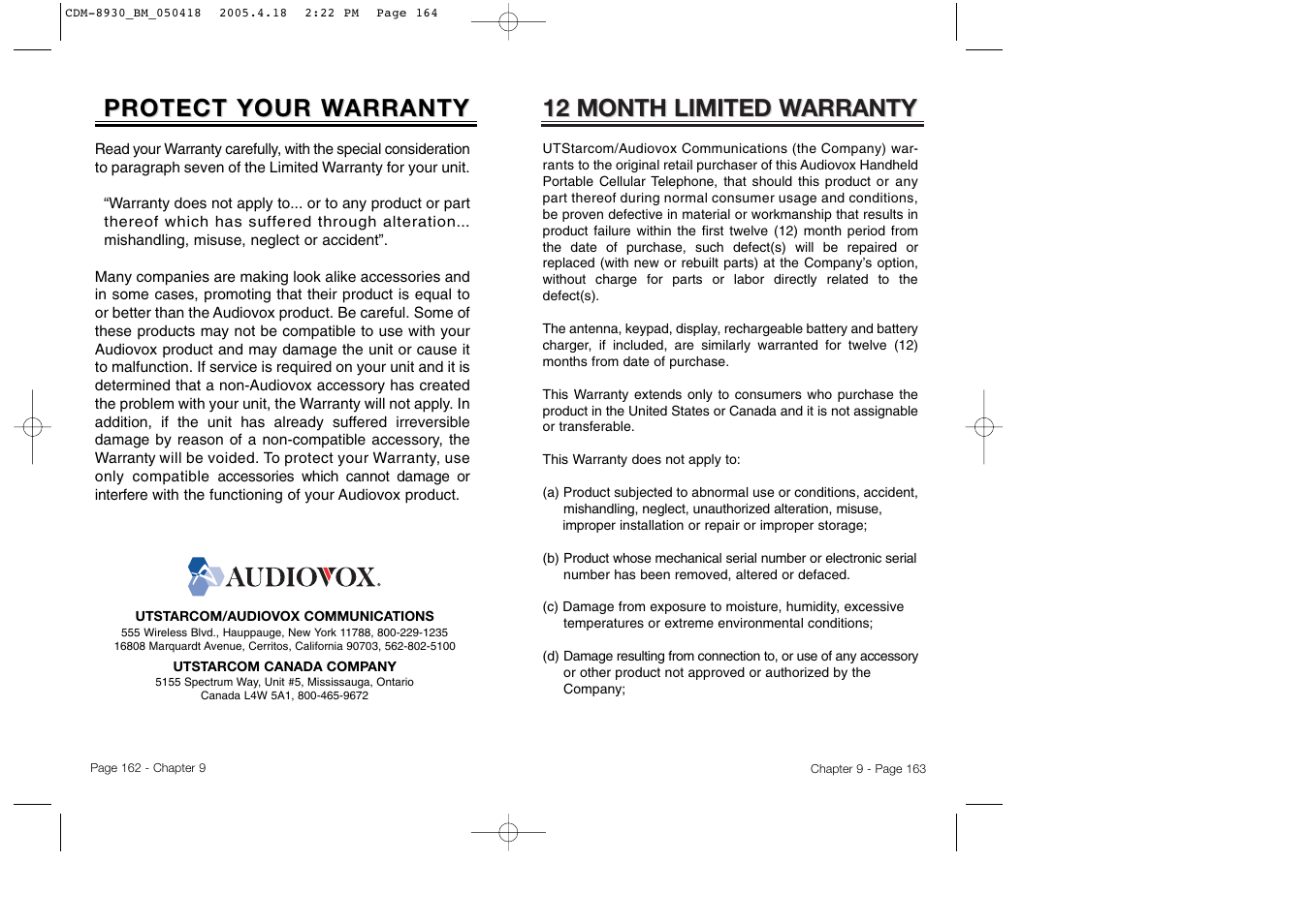 12 month limited w, 12 month limited w arranty arranty, Protect your w | Protect your w arranty arranty | Audiovox CDM-8930 User Manual | Page 84 / 85