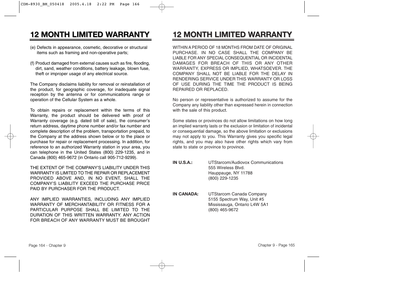 12 month limited w, 12 month limited w arranty arranty | Audiovox CDM-8930 User Manual | Page 85 / 85