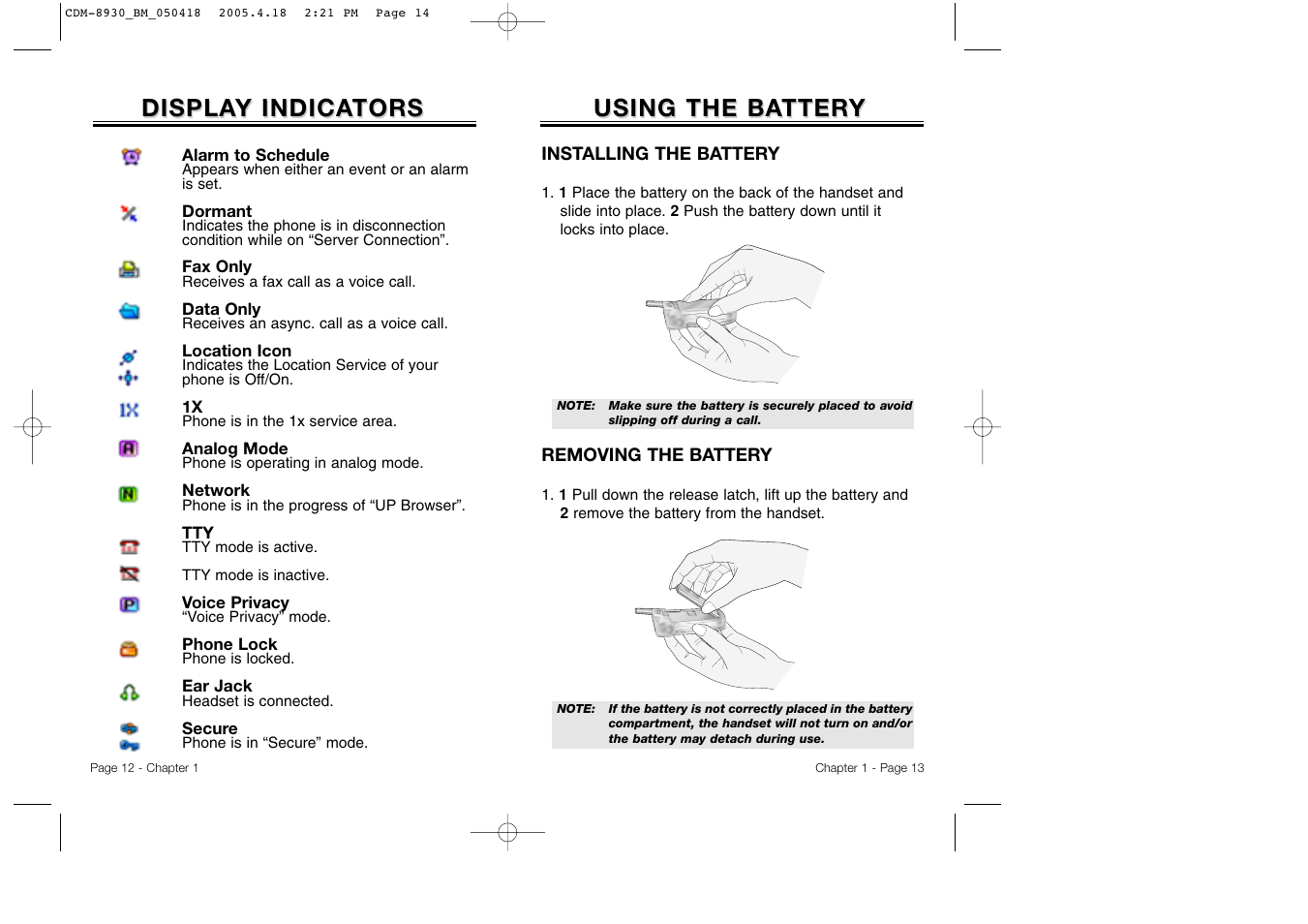 Using the ba, Using the ba tter tter y y, Displa | Displa y indica y indica tors tors | Audiovox CDM-8930 User Manual | Page 9 / 85