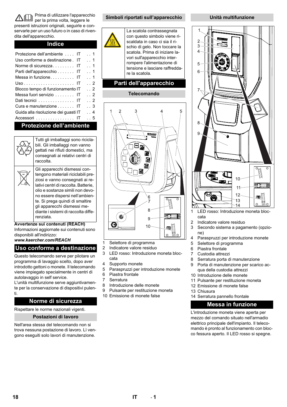 Italiano, Indice, Protezione dell’ambiente | Uso conforme a destinazione, Norme di sicurezza, Postazioni di lavoro, Simboli riportati sull’apparecchio, Parti dell'apparecchio, Telecomando, Unità multifunzione | Karcher Armoire de lavage SB MB 5-10 User Manual | Page 18 / 76